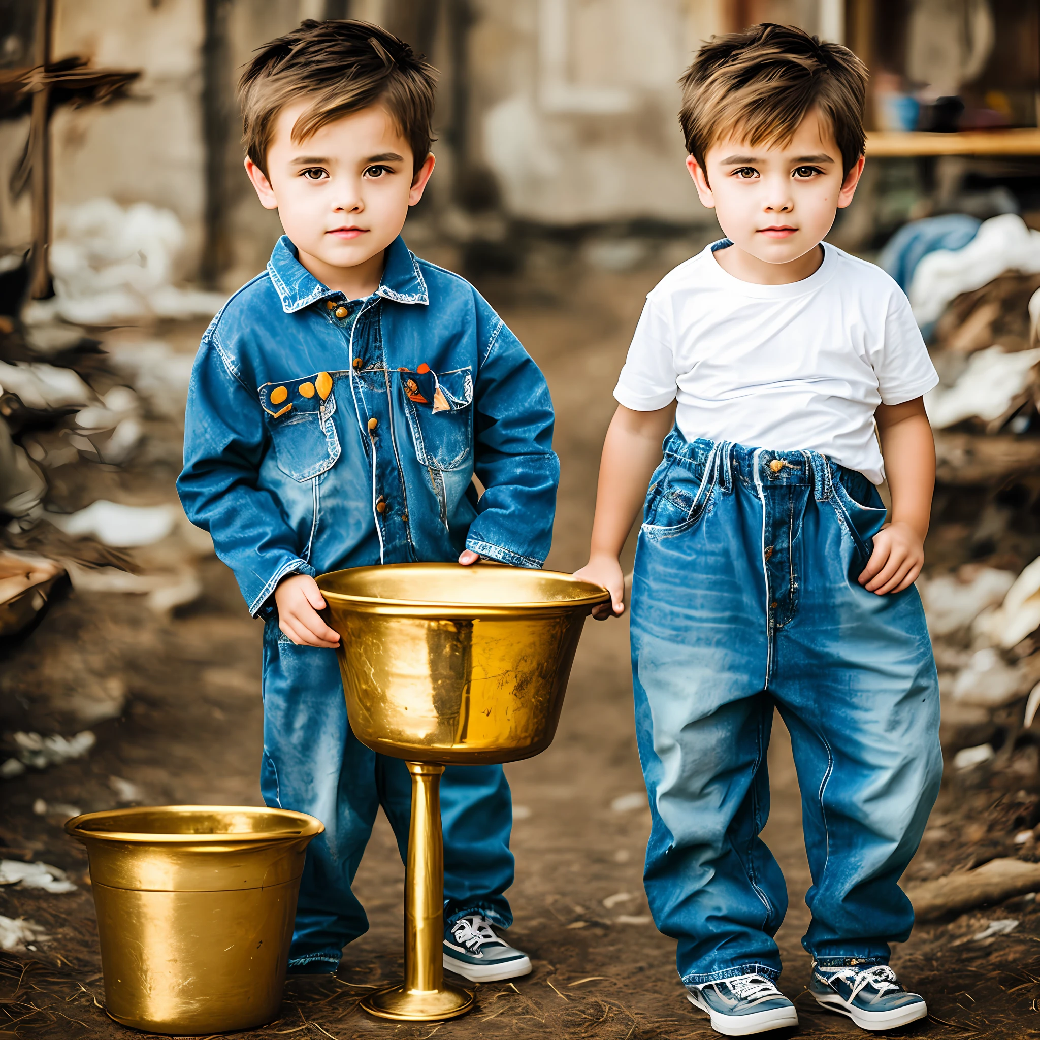 boy in old torn clothes holding golden potty