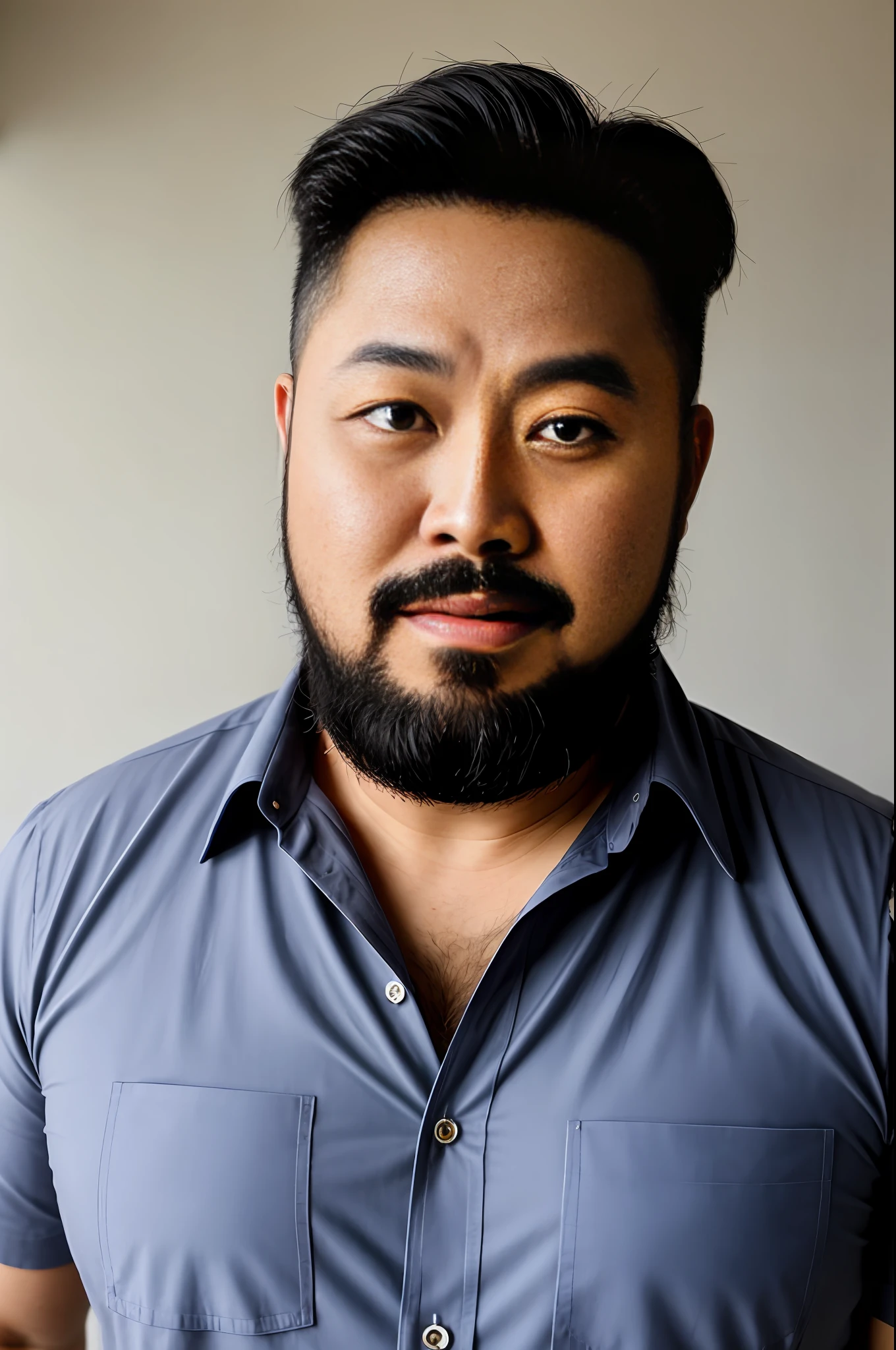 Photo of a gay daddy chubby bear bald Asian man, realistic beard, age 47 years old, chubby thick short neck, realistic body and body hair , wearing button down shirt, closeup, neutral colors, natural lighting