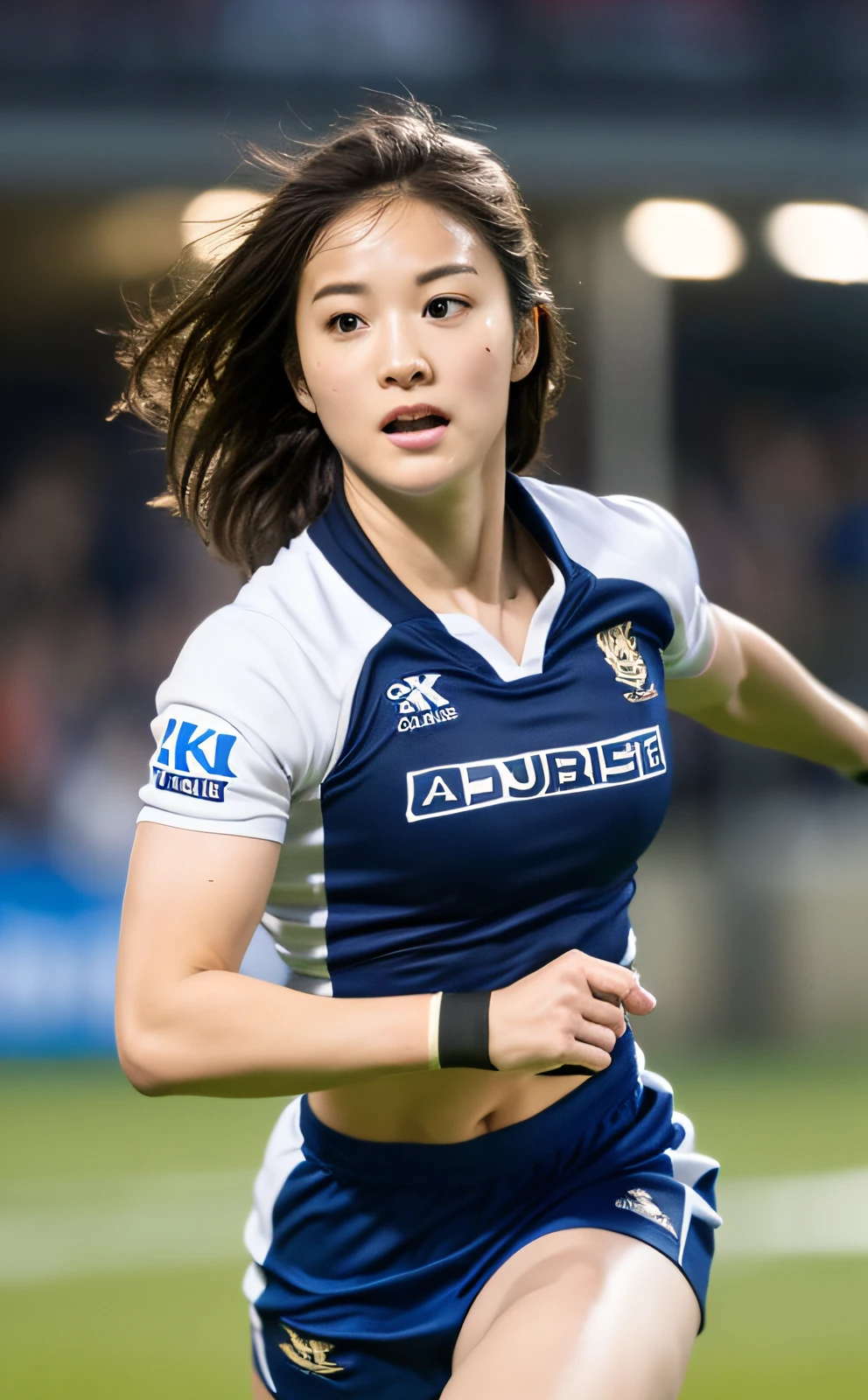 ((top quality, 8k, masterpiece: 1.3)), beauty, 1 girl, small: 1.3, slender abs: 1.1, dark brown hair, (rugby field: 1.5), ultra detailed face, highly detailed lips, detailed eyes, double eyelids, (muscle: 1.5), running at full speed