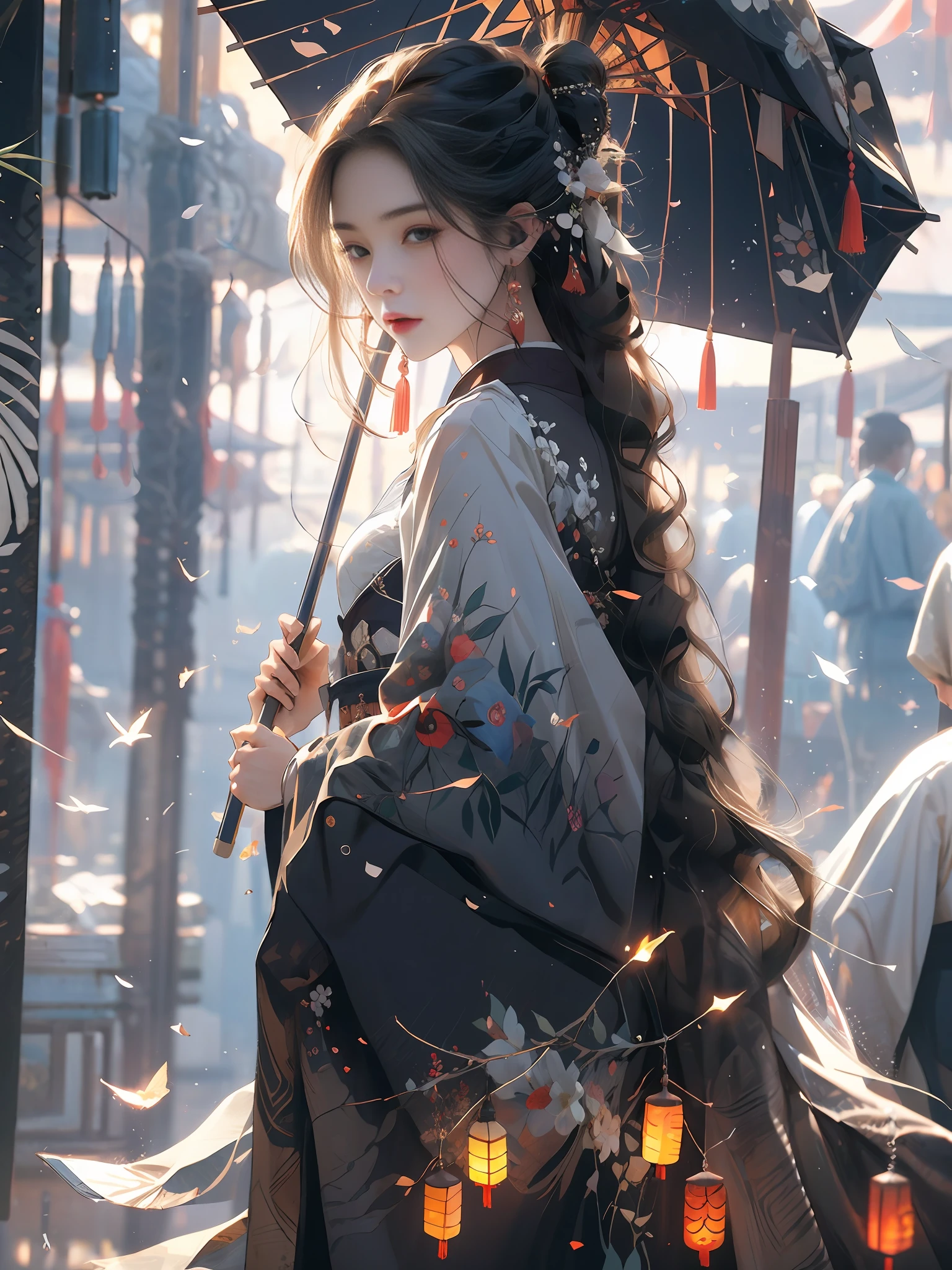 Bamboo forest, bamboo leaves falling, hazy, white hanfu, sexy, oil-paper umbrella, lantern, folding fan,