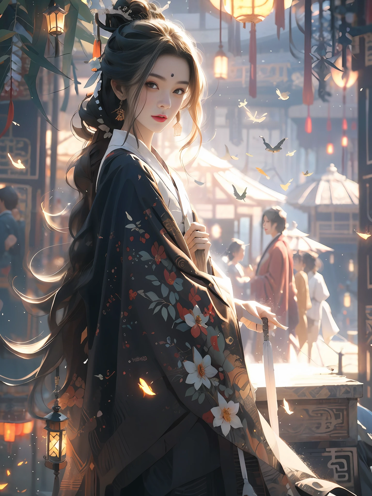 Bamboo forest, bamboo leaves falling, hazy, white hanfu, sexy, oil-paper umbrella, lantern, folding fan,