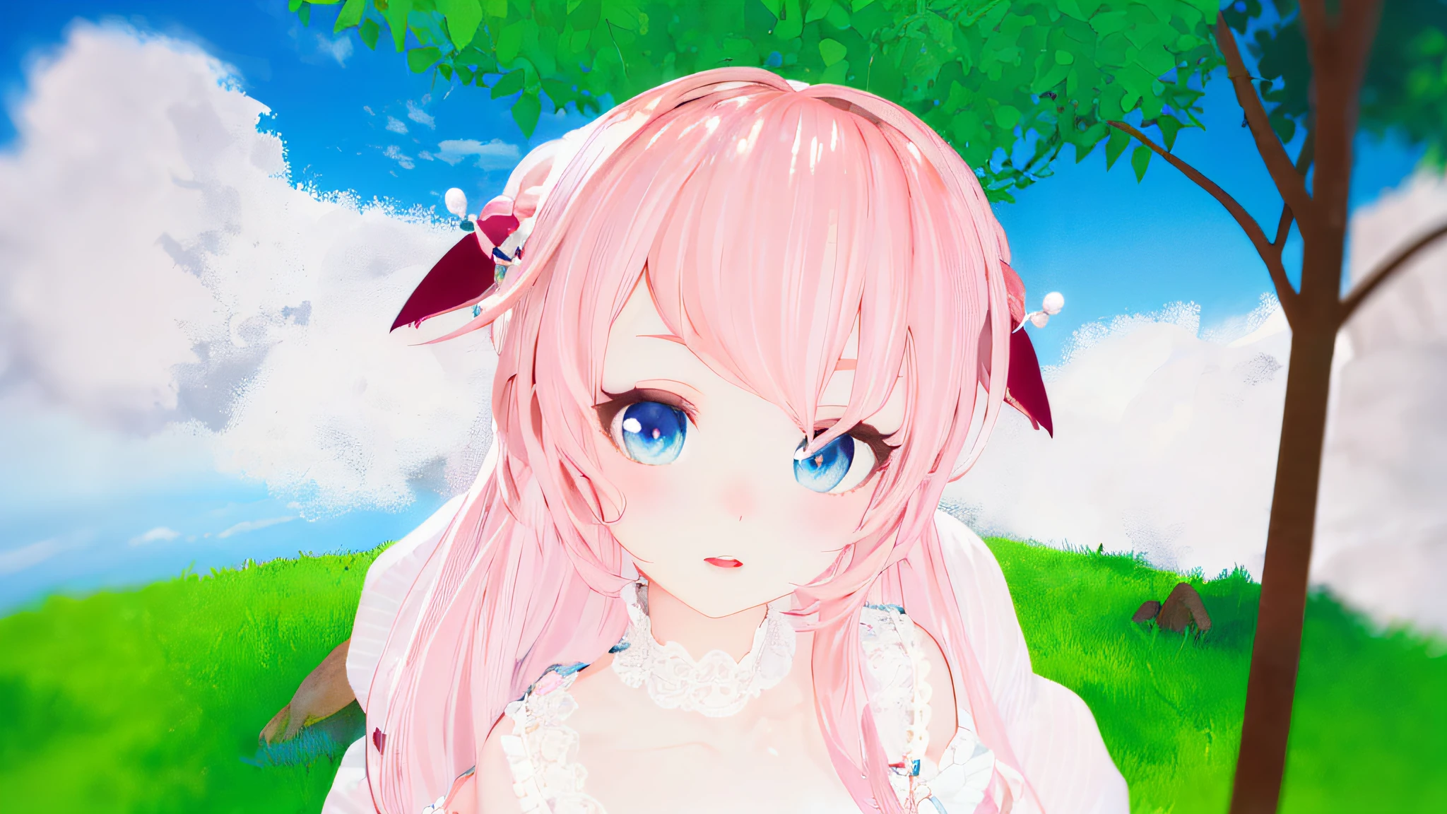 anime girl with pink hair and blue eyes in a field, pink twintail hair and cyan eyes, render of a cute 3d anime girl, anime styled 3d, anime stylized, stylized anime, detailed anime soft face, , anime style. 8k, kawaii realistic portrait, realistic anime 3 d style, my dress up darling anime --auto