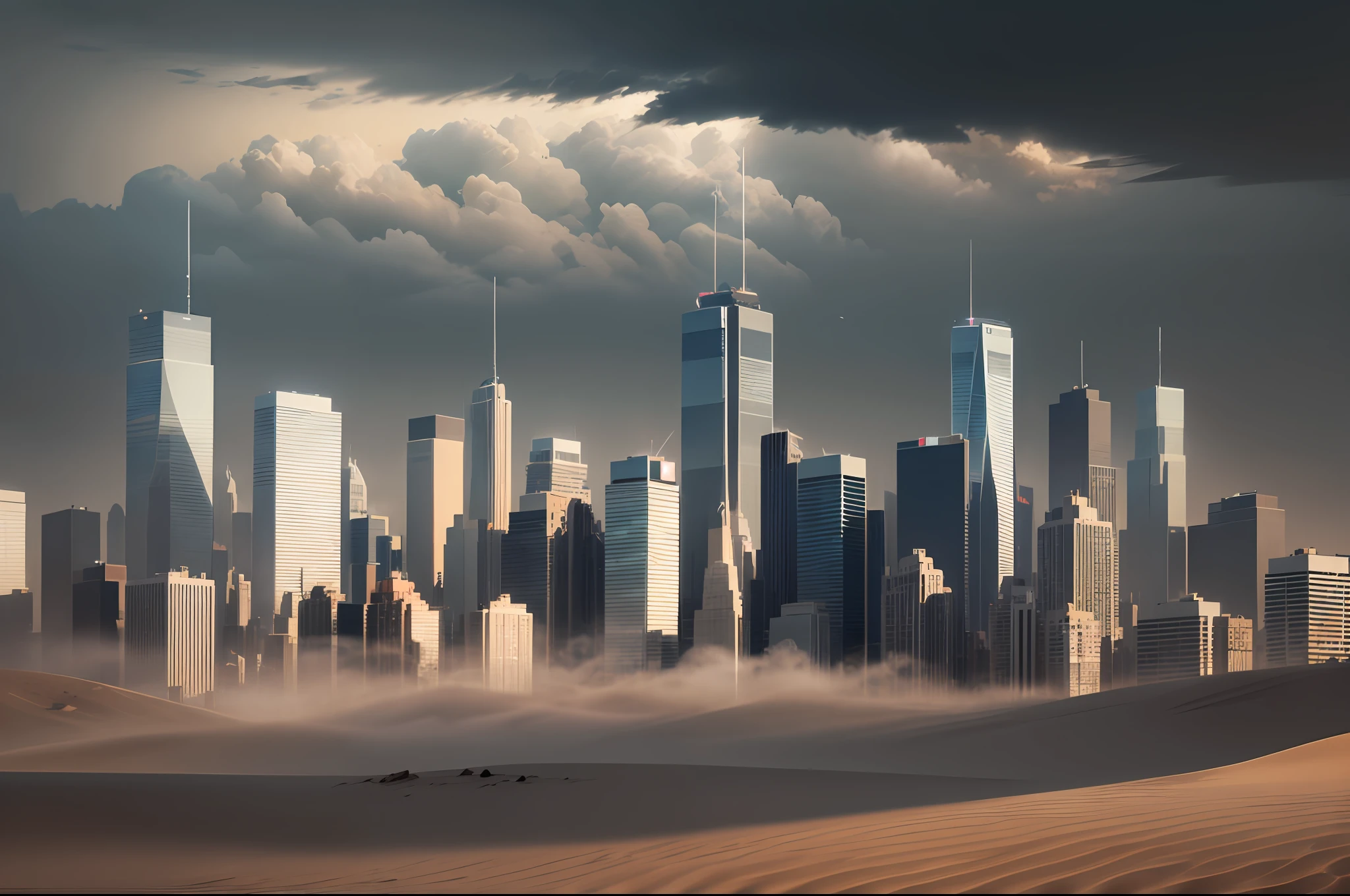 (16k CG unit wallpaper extremely detailed), (masterpiece), (best quality), (ultra-detailed), (best illustration), (best shadow), (photorealistic: 1.4), lens reflection, shadow, depth of field, natural lighting, hard focus, film grain, best quality, ultra high resolution, (photorealistic: 1.4), New York covered in a thick blanket of sand, sandstorm is raging