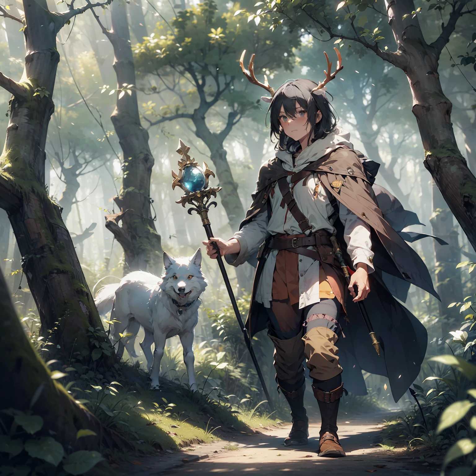 A middle-aged man, wanderer, mage, druid, wearing antlers, deerskin, cloth, and staff, standing in the forest. He was followed by a gray-white wolf. Magical world, game illustration style