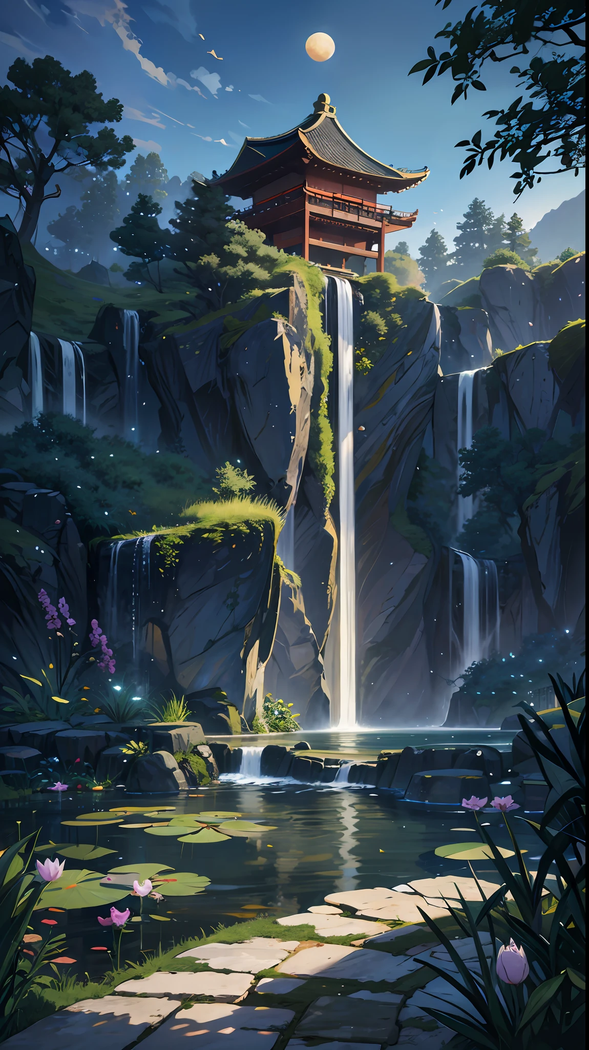 Unicorn drinking water by the waterfall, unicorn close-up, white all over, face sideways, national tide works, magnificent scene, ancient Chinese architectural complex, photo realism, film lighting, volume lighting, split lighting shooting in a dark atmosphere