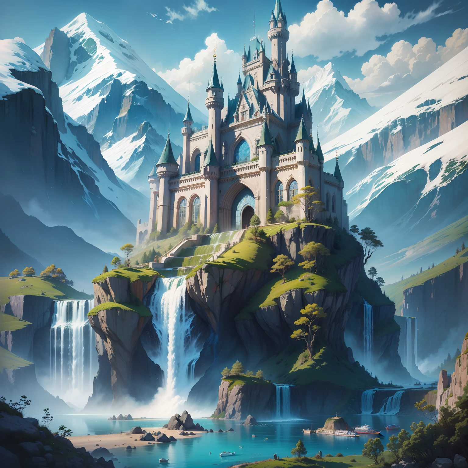 picturesque castle in snowy alps, with vivid green forest, waterfalls, river with boats, fantasy story, fairytale, watercolor art, tiffany glass --auto