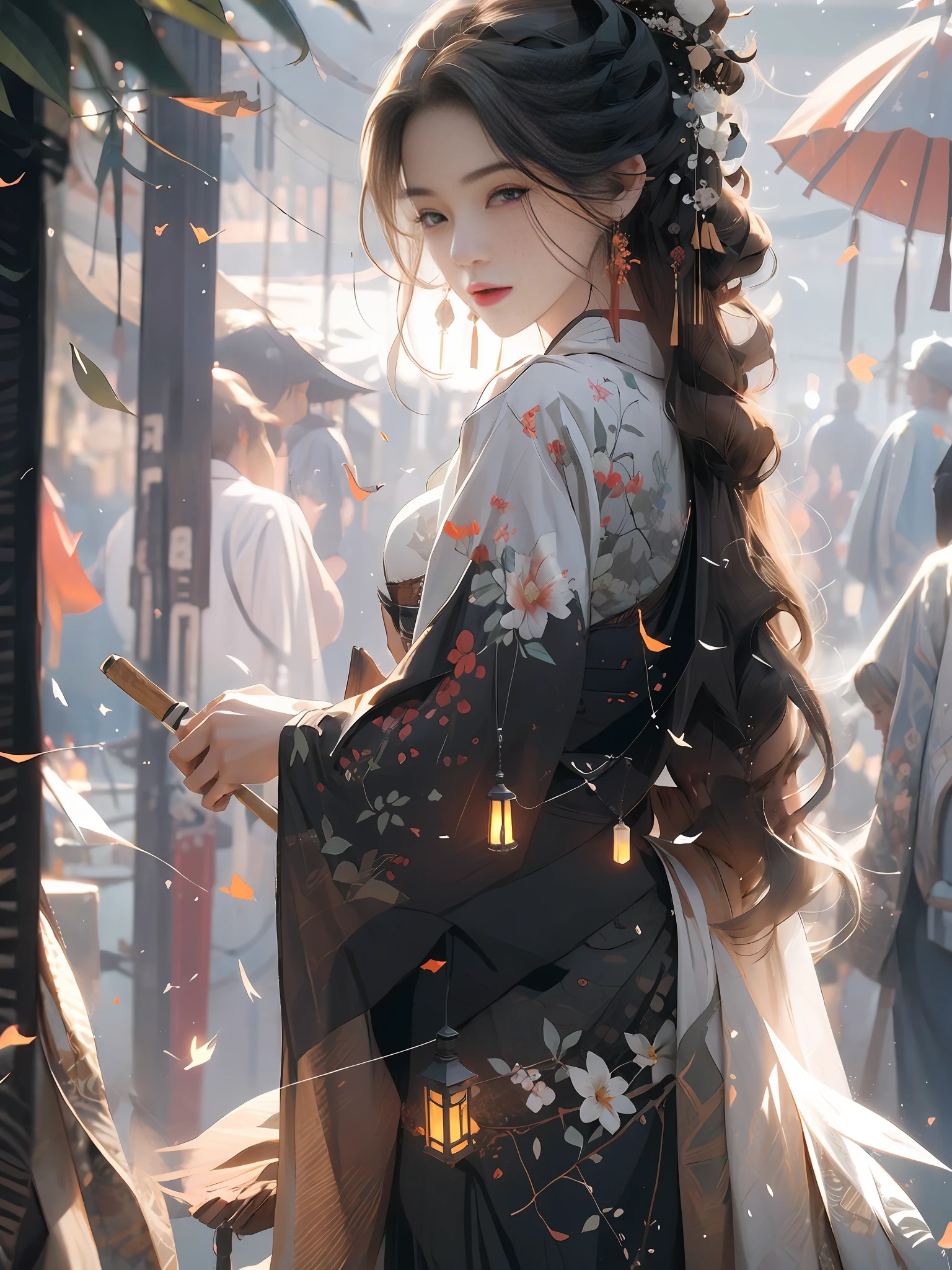 Bamboo forest, bamboo leaves falling, hazy, white hanfu, sexy, oil-paper umbrella, lantern, folding fan,