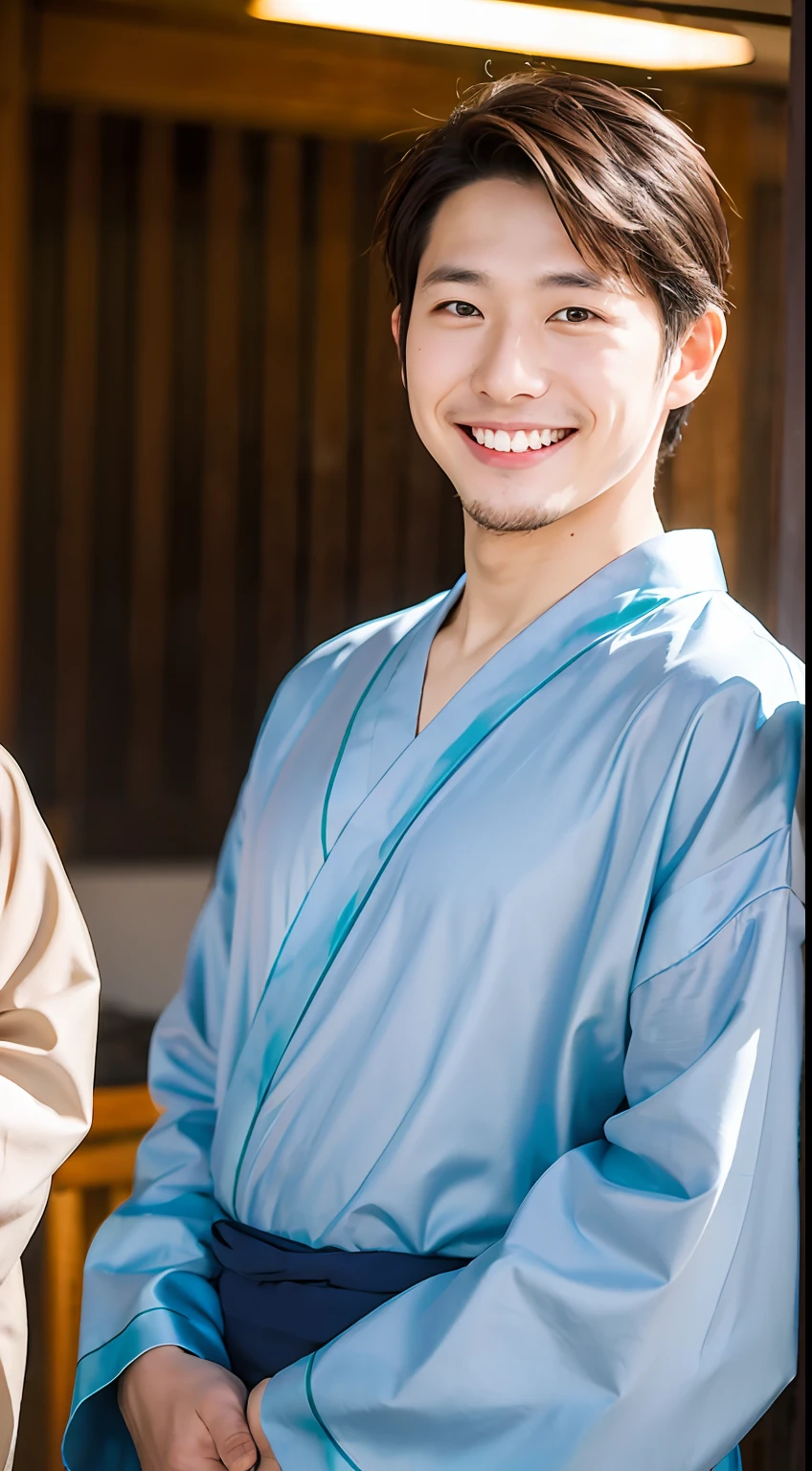 a man about 25 years old, smiling, sharp focus, full body, yukata,