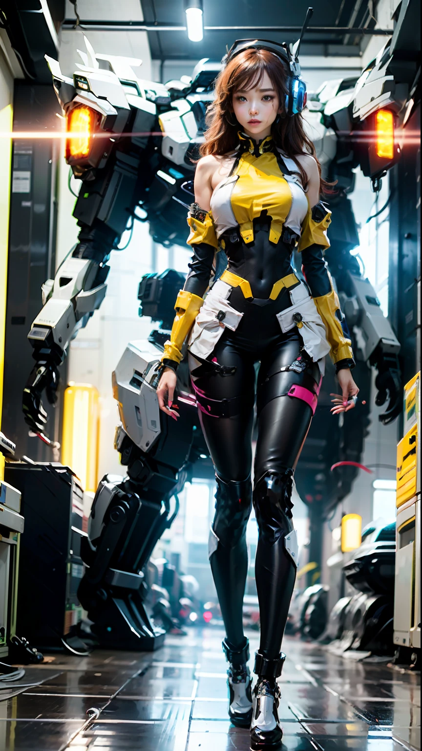 A mecha girl, flowing long hair, full body photo, looking at the camera, lying next to the tall robot, with wires plugged in the body to charge, relying on energy batteries to maintain life, there are energy light points flowing in the blood vessels on the body, 20 years old, wearing headphones to listen to music to sleep, sexy sleeping posture, seductive pose, dynamic pose, dynamic lens, alloy cuirass, sexy crystal high heels, a lot of wires wrapped around her body, binding, she wears sexy lace mecha trousers, wearing pink up lace pajamas, brown hair, semi-mechanical legs, Sexy mecha suit, latex full-body tights, black silk, and neatly placed sexy women's clothes next to it, huge power generation batteries are glowing, electric lightning, in the scientific research laboratory,