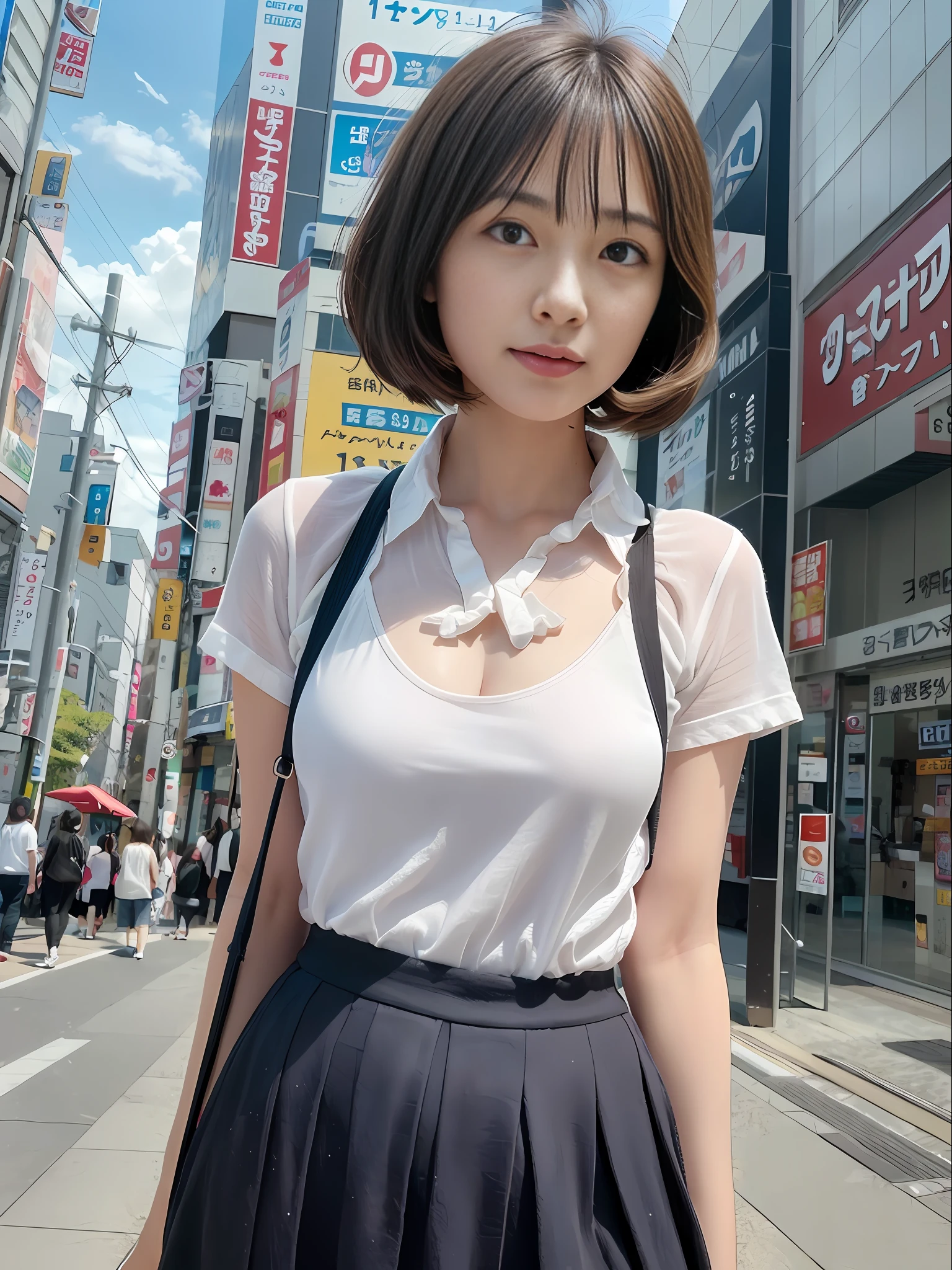 Ultra top quality, masterpiece, ultra high resolution, (photorealism: 1.4), highly detailed CG Unity 8k wallpaper, detailed and complex, incredibly absurd, original, high resolution, raw photo, (perfect figure), finely complex, dslr, soft lighting, high quality, film grain, depth of field, fujifilm xt3, 50mm lens, backlight, HDRHyperrealistic, Color Grade, Dynamic Pose, Portrait, Japan Person, Smile, Lips, Bangs, (Crowded Akihabara: 1.2), Short Hair, Front View Viewer, Natural Light, Girl, 19 Years Old, Full Body, Solo, Student, High School, Uniform, Bobby Socks, Pleated Skirt, Day, On the Street, Deep Shadow, Cute, Beauty, Unobtrusive, Cold Light 12000K\Street, Shop State, Akihabara, Shinjuku, Shibuya, Ikebukuro, detailed realistic, skin texture, super detailed, realistic skin texture, (dramatic, award-winning photos, incredible masterpiece: 1.3), white underwear, sheer underwear, smile