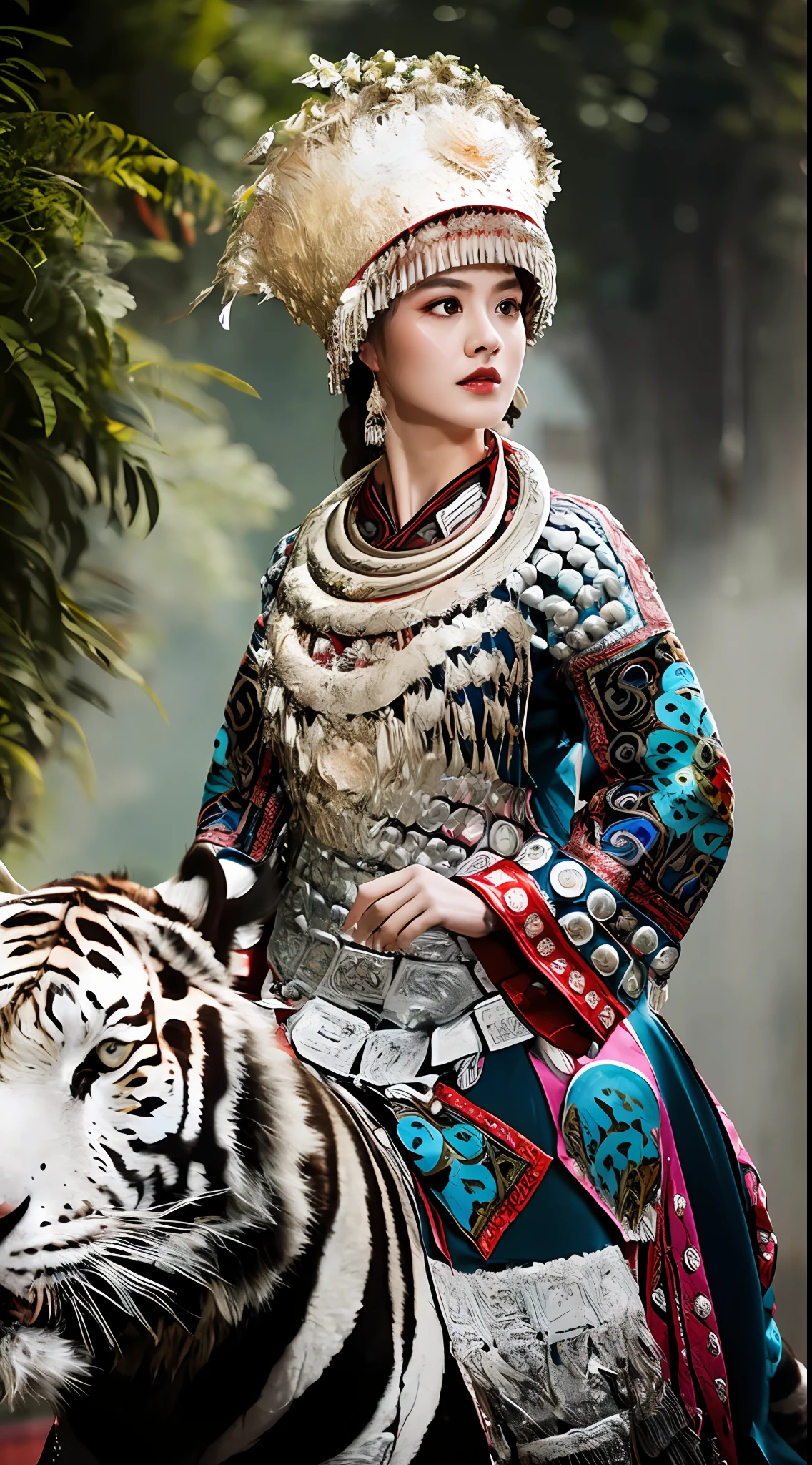 Original photo, ultra-realistic, (masterpiece, 8k UHD, HDR, extremely detailed, intricate details, best quality, professional, vivid colors),

(1 girl in costume, riding a white tiger), reins, (traditional headdress: 1.2),

((forest view), look at the audience,