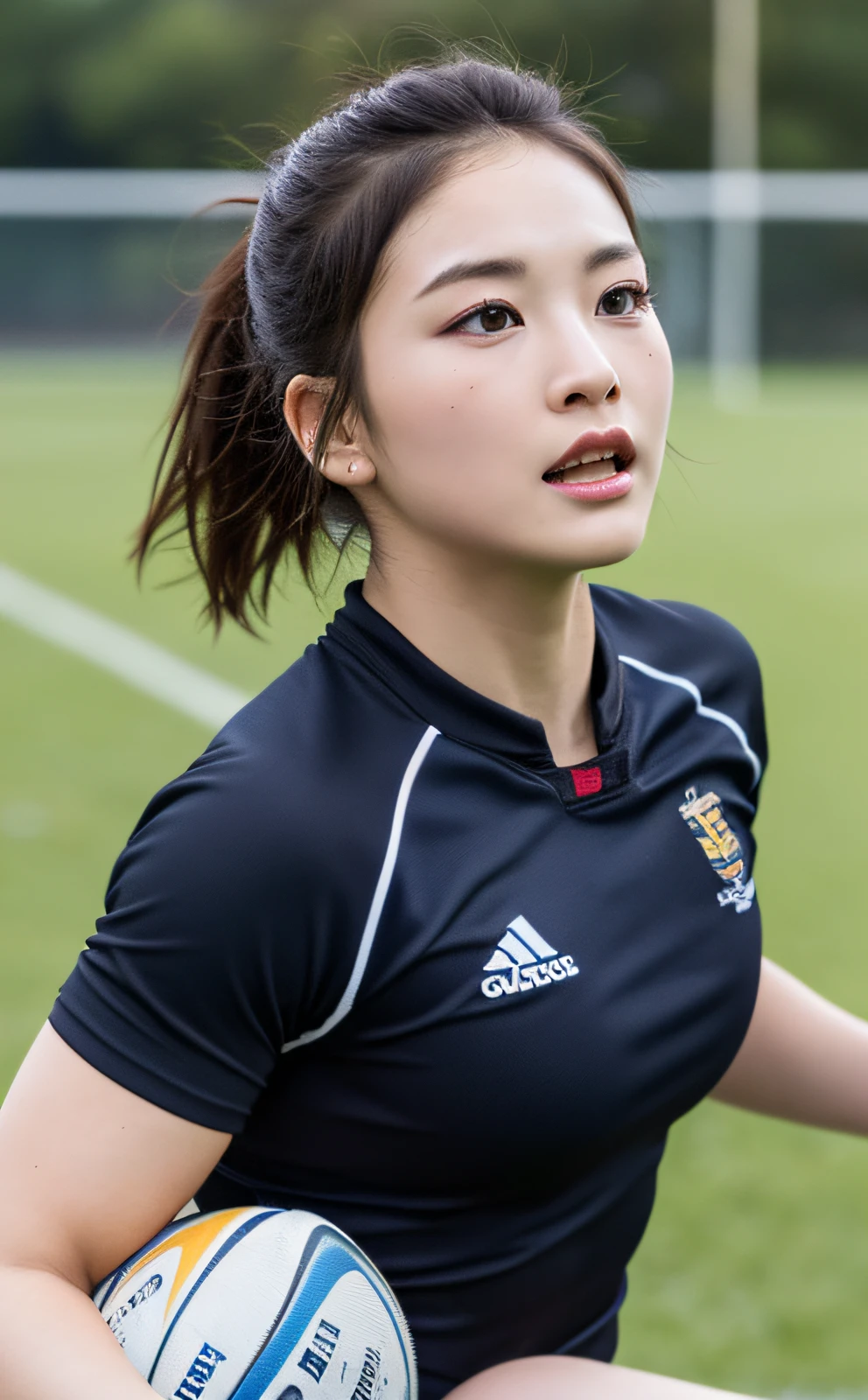 ((top quality, 8k, masterpiece: 1.3)), beauty, 1 girl, (rugby field: 1.5), ultra detailed face, highly detailed lips, detailed eyes, double eyelids, (muscle: 1.5), running at full speed