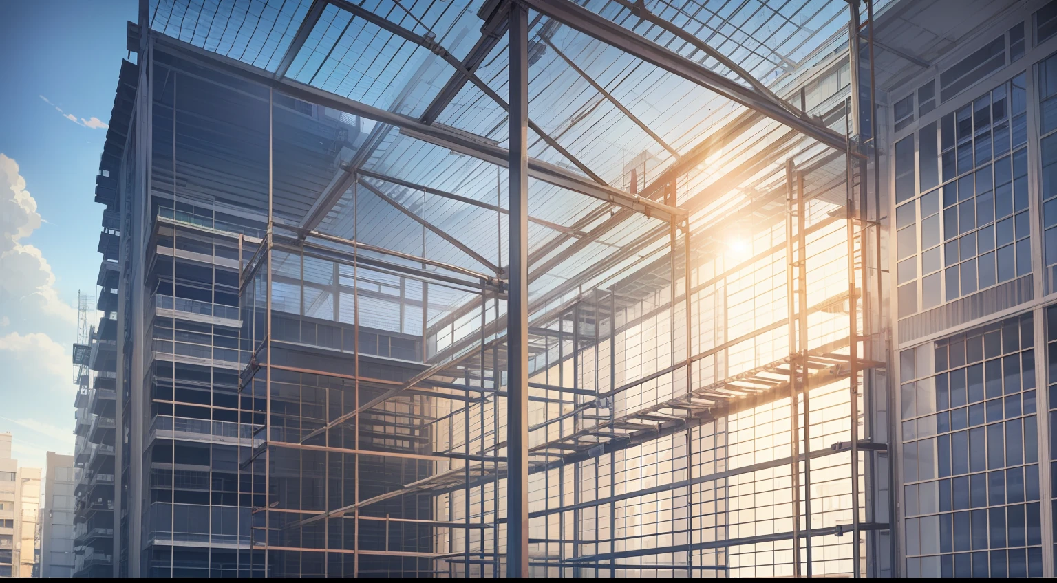 Real, fine, high resolution, construction, site construction, scaffolding, steel structure, building, lighting, greening, under construction, safety net, grid frame, sunlight