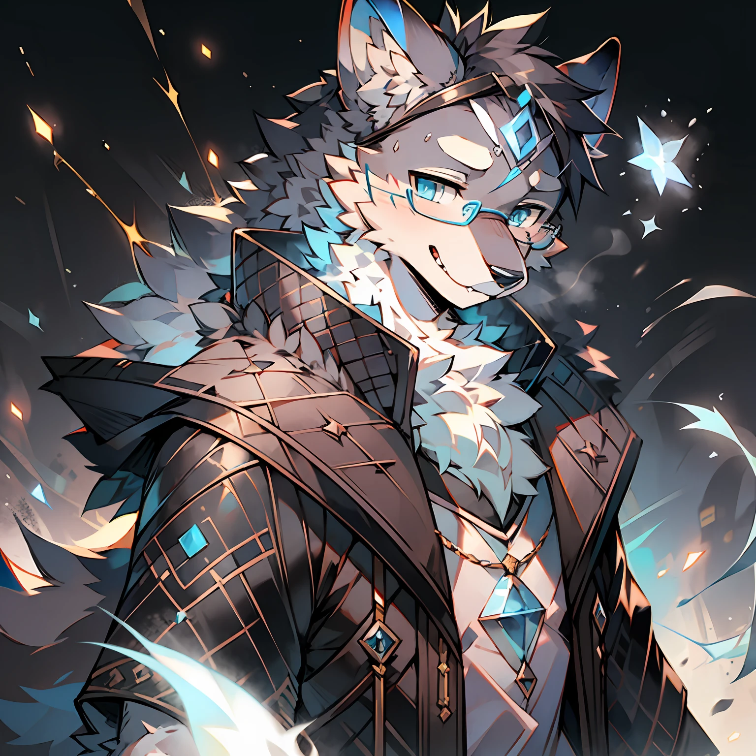 Single, furry male, furry, wolf, canine, dark fur, black-gray fur, blue eyes, wearing glasses, blue runes, mage, magic, black coat, short sleeves