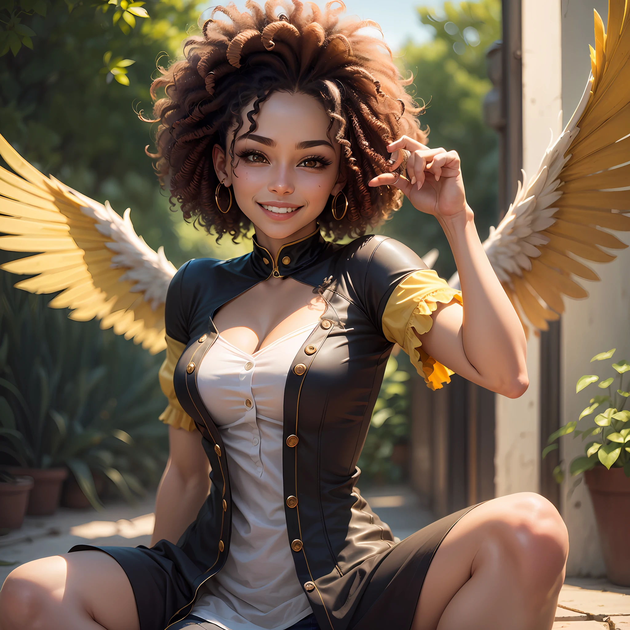 Best quality,woman of 20 years,mulatto skin,curly hair,yellow eyes,with a wing,time of knees,eyes open,smile(ultra quality) --auto