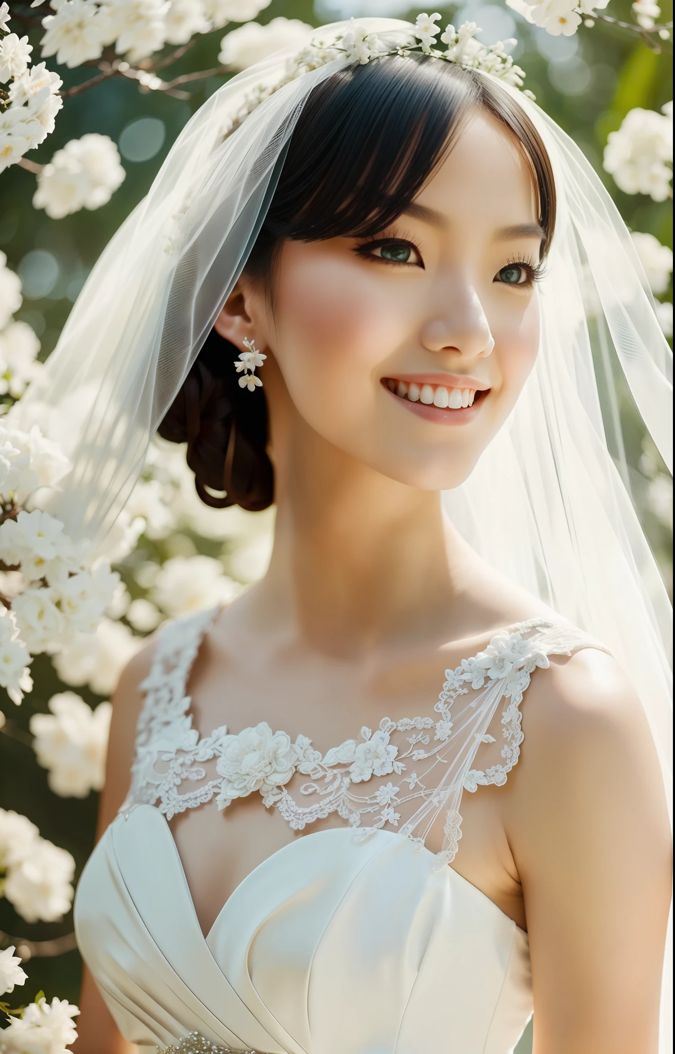 Masterpiece, Top Quality, Solo Focus, Complex (High Detail: 1.1) (Perfect Face: 1.1) White Wedding Dress, Pretty Japan Woman, Smile, Lace, Veil, Fantasy, White Flowers on Head, Nature, Viking Origin, Shining Eyes, Full Body, Buckshot, Leed Jeff Leeds Nikon D850 Film Stock Photo 4 Kodak Portra 400 Camera F1.6 Lens Rich colors Ultra realistic realistic textures dramatic lighting Unreal Engine Trending at Art Station CineStill 800 --auto