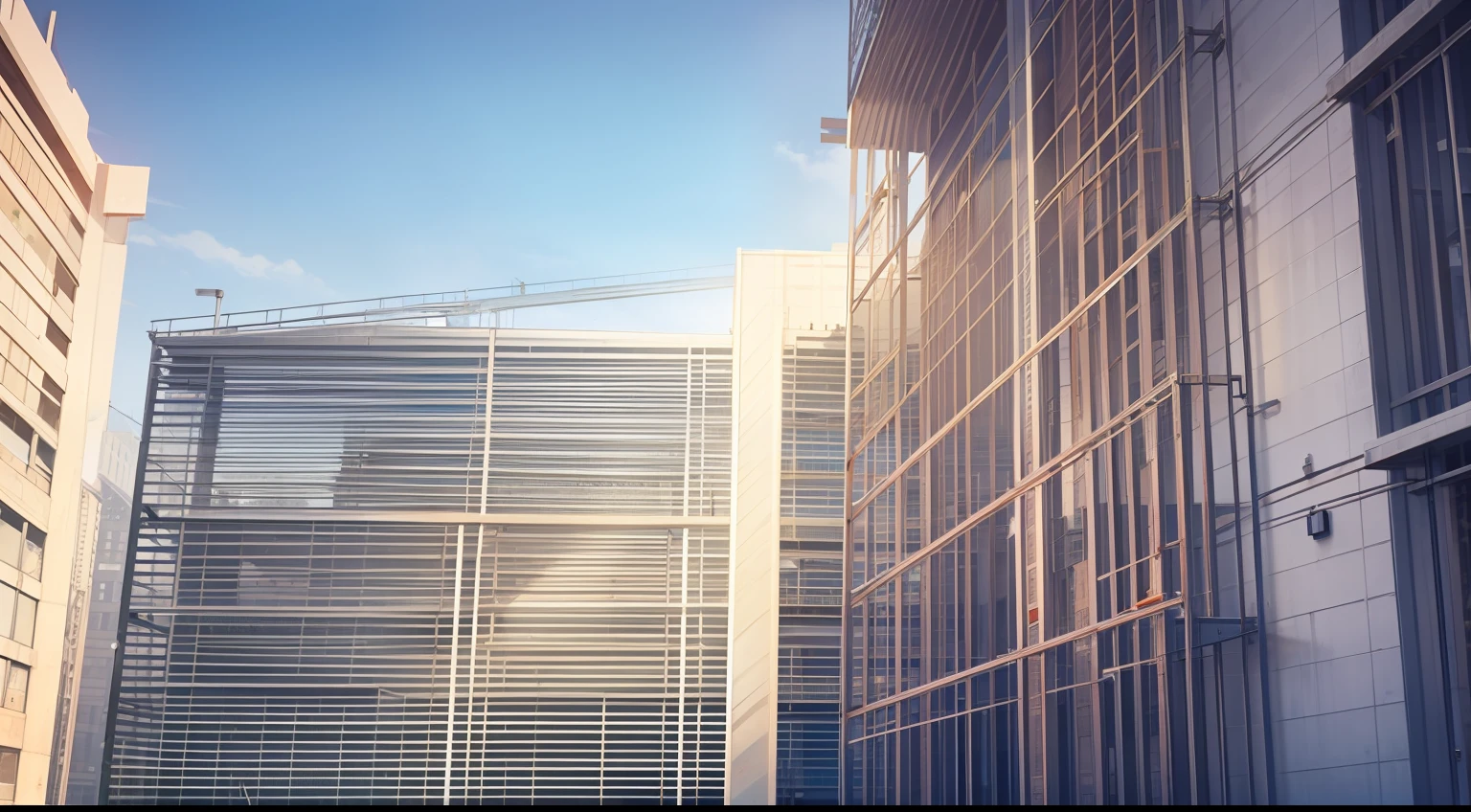 Real, fine, high resolution, construction, site construction, scaffolding, steel structure, building, lighting, greening, under construction, safety net, grid frame, sunlight
