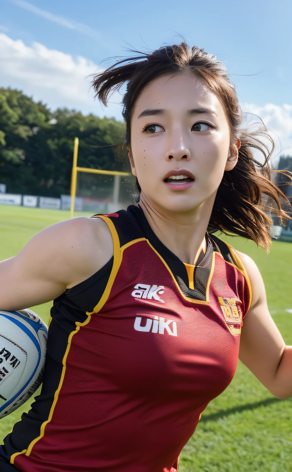 ((top quality, 8k, masterpiece: 1.3)), beauty, 1 girl, (rugby field: 1.5), ultra detailed face, highly detailed lips, detailed eyes, double eyelids, (muscle: 1.5), running at full speed