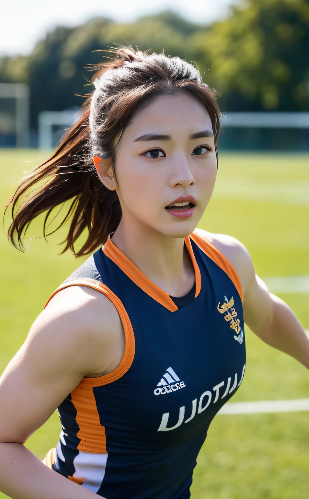 ((top quality, 8k, masterpiece: 1.3)), beauty, 1 girl, (rugby field: 1.5), ultra detailed face, highly detailed lips, detailed eyes, double eyelids, (muscle: 1.3), running at full speed