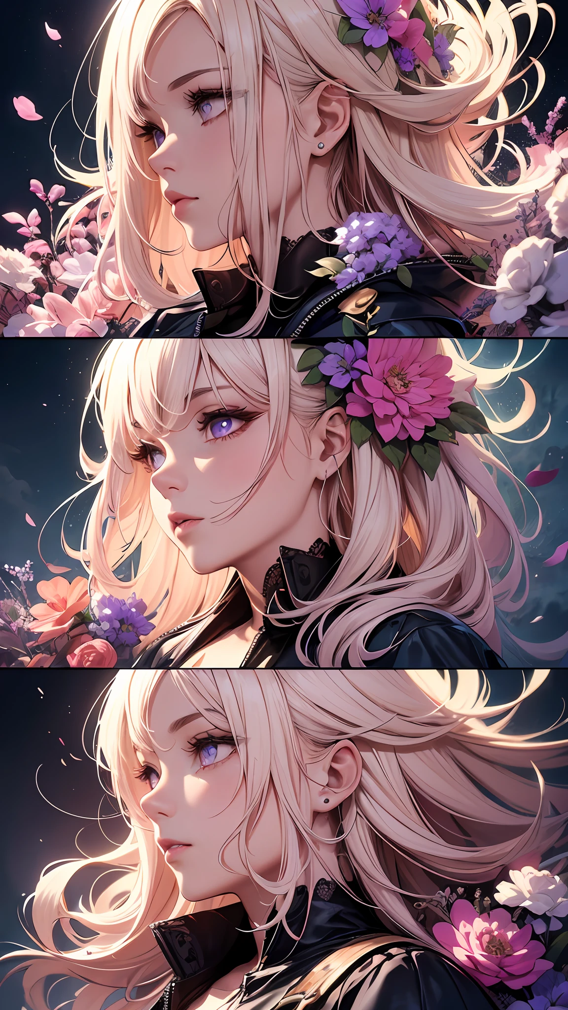 ((8k, RAW photos, highest quality, masterpieces), (realistic, photorealism: 1.37), (highest quality), (best shadows), (best illustrations),(erotic, sexy), physically based rendering, movie lighting), One side Cut Layered Bob, (Blonde and Pink Hair: 1.3), ((Purple eyes)), ((Beautiful, Detailed Eyes, Jewel-like Eyes, Shining Eyes: 1.3)), BREAK (colorful:1),(fractal art):1.0 , (so many many flower effect):1