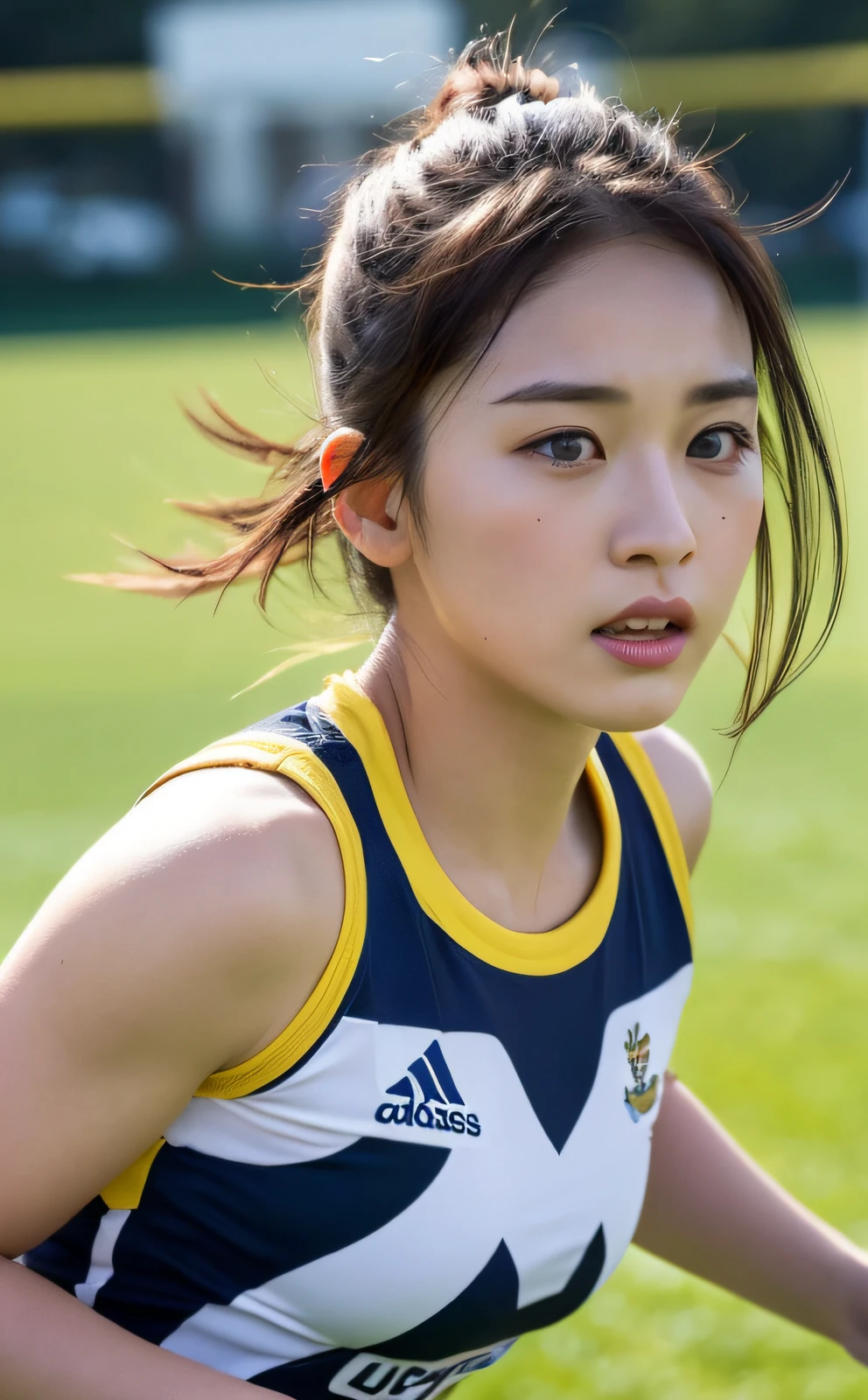 ((top quality, 8k, masterpiece: 1.3)), beauty, 1 girl, (rugby field: 1.5), ultra detailed face, highly detailed lips, detailed eyes, double eyelids, (muscle: 1.3), running at full speed