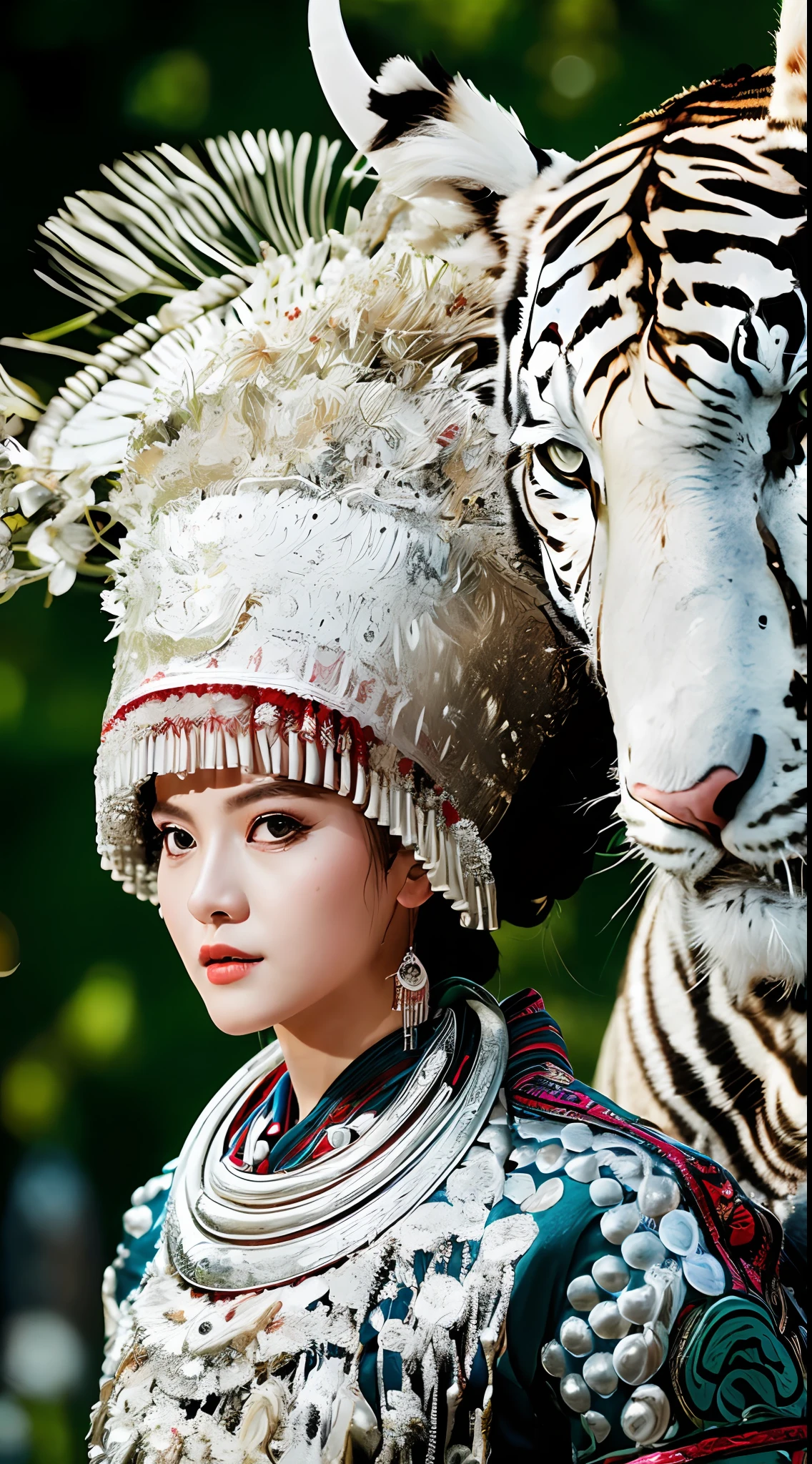 Original photo, ultra-realistic, (masterpiece, 8k UHD, HDR, extremely detailed, intricate details, best quality, professional, vivid colors),

(1 girl wearing costume, big eyes beauty, melon face, beautiful, riding a white tiger), reins, (traditional headdress: 1.2),

((forest view), look at the audience,