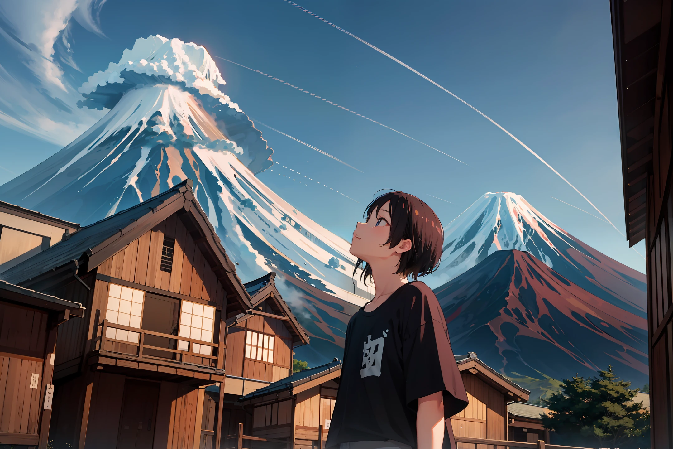 Japan person, young woman, short hair, Mount Fuji towering in the background, looking up at the sky, twilight, white short sleeve shirt,