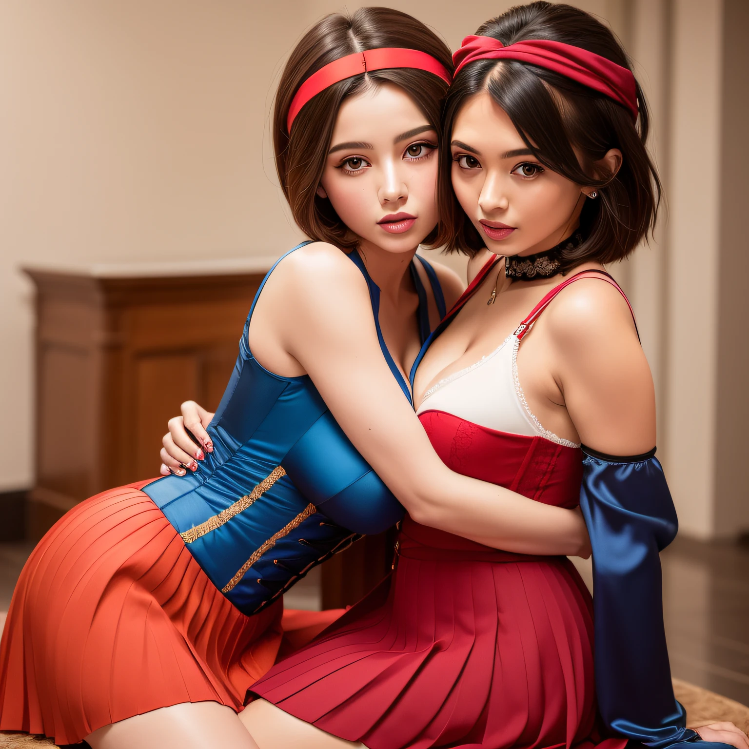 multiple Beautiful Iranian models, (hugging), female, wearing (yellow pleated skater skirt, blue silk corset, red shoulder slash sleeves, hair: (short, bob, headband (red)), cleavage, large breasts
