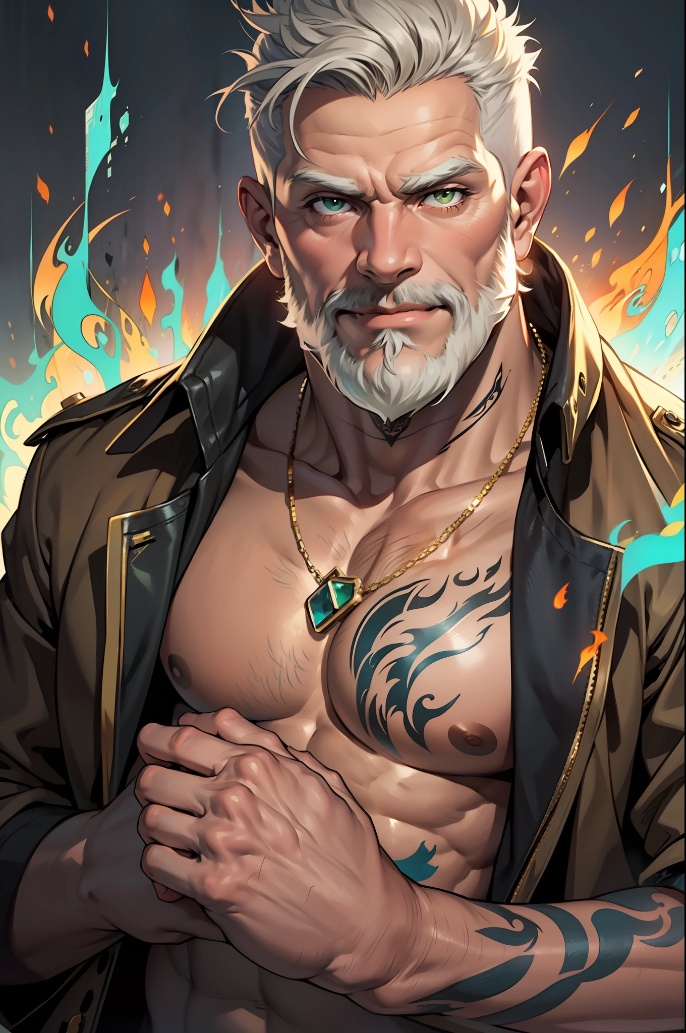 1 man, 50s year old, solo, old man, upper body shot, a man making green fire out of his hand, white skin, shirtless, open chest, tattoo, symmetrical tattoo, grey beard, muscular, hunk, bear body, short cut hair, grey hair, smirks, turn head pose, hadesstyle, green fire, mythical fire, fantasy world, best quality:1.2, masterpiece, high resolution:1.2, big brown with fur trench coat, gold necklace, high camera angle, shadow, volumetric lighting, flat style
