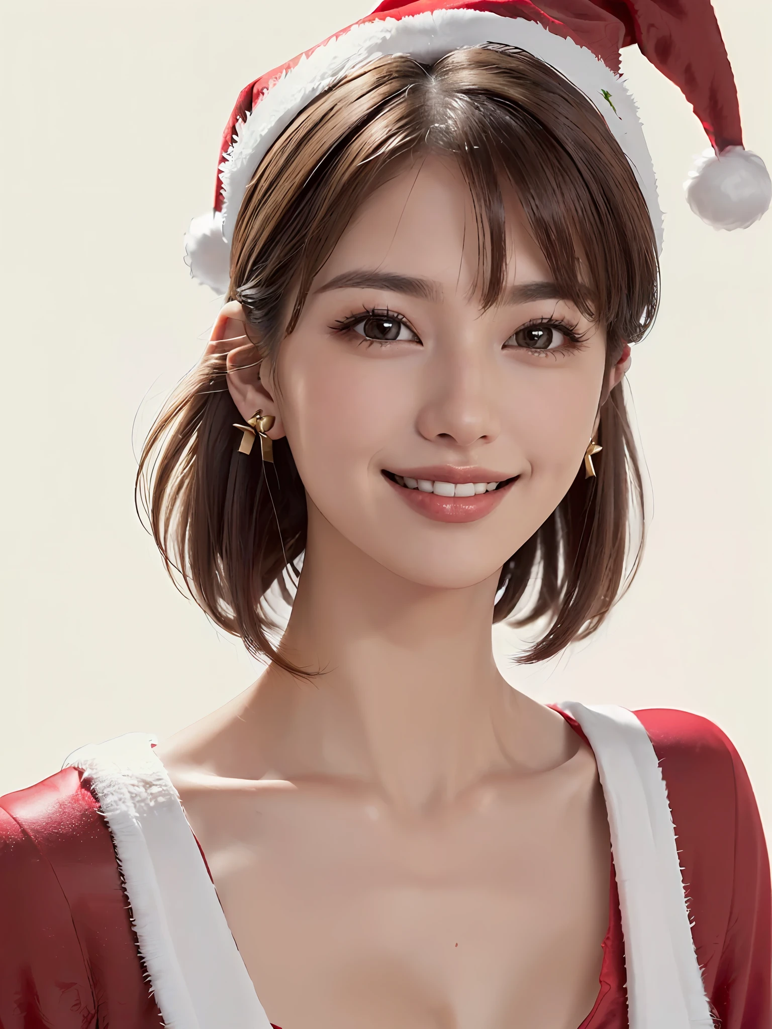 (8k quality), (best quality: 1.2), (realistic,), (photorealistic), ultra high definition, 1 girl, (((solo)), cute, smile, closed mouth, beautiful details, beautiful nose in detail, short hair, huge breasts darcepho, big eyes, long neck, ears, short hair, short hair, huge, ((Santa Claus costume, accurate Santa Claus hat, bangs, bangs, long neck, beautiful, beautiful, cute, really immaculate background, smile a little, highlight in the eyes, light brown eyes, put out the ears, lower, lower)))