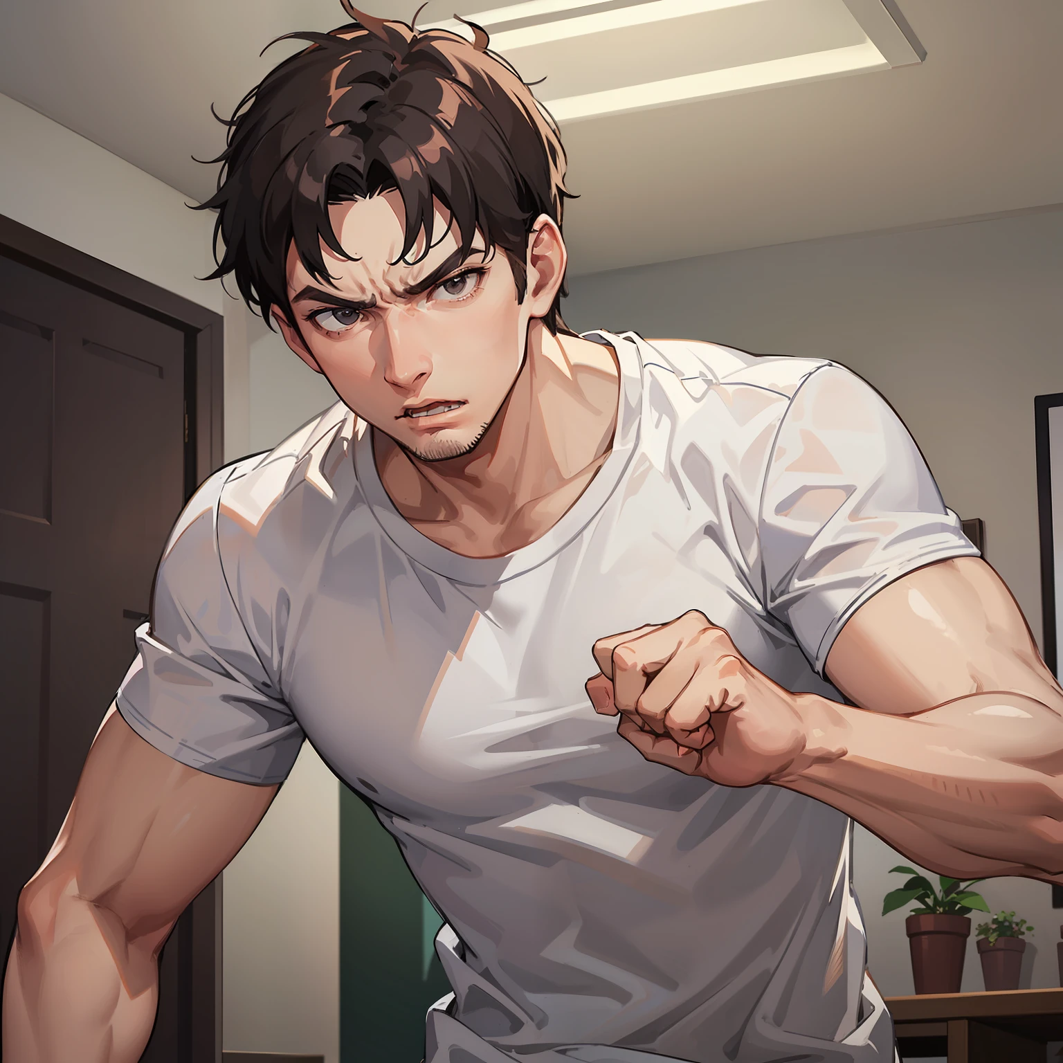 (A man in a white T-shirt 1.7)
(Clenched fists 1.9)
(Very Angry 1.8)
(1.7 in the room)