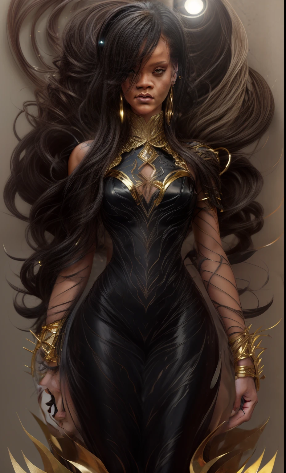 rihanna, A woman with long black hair and a white dress with gold details, RossDraw | Afrofuturism, epic art of exquisite characters, stunning character art, RossDrew 2. 0, Ross 1. 0, :: rossdraws, artgerm julie bell beeple, rossdraw digital painting, epic fantasy art style, artgerm and rossdraws, beautiful armor, Best quality, realistic, realistic, award winning illustration, (highly detailed face and skin texture), (full body), (complicated detail: 1.2), (fine detail), (complicated detail), (cinematic lights, best quality backlight), sharp lines, focus sharp, official art,  8k unit wallpaper, absurd, unbelievably absurd, huge file size, Ultra-, fantasy art, RTX,((Closing photo-up by award-Winning studio)), , (shut up), , perfect hands, beautiful detailed eyes, Perfect Face