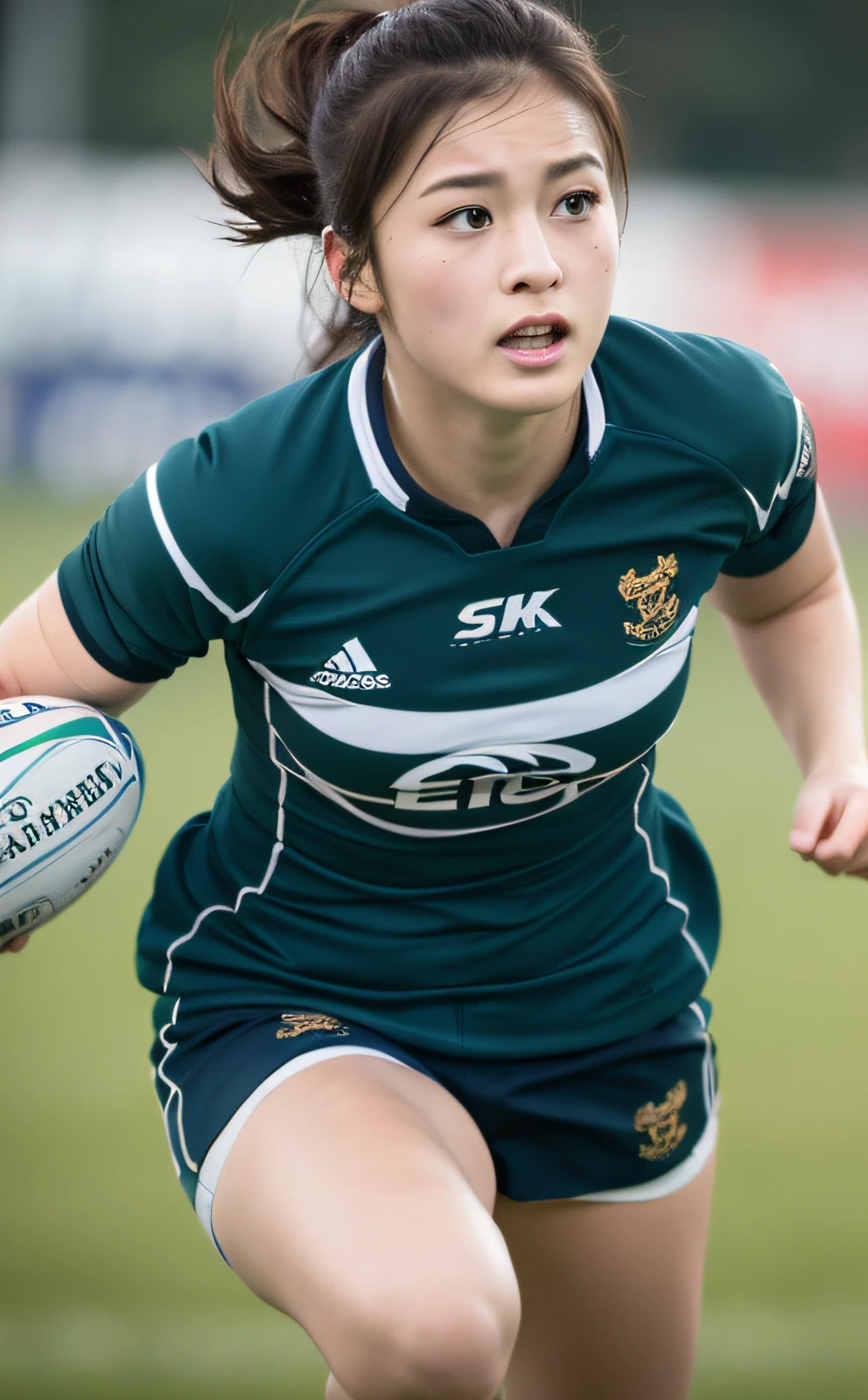 ((Top Quality, 8k, Masterpiece: 1.3)), Beauty, 1 Girl, (Rugby Field: 1.5), Ultra Detailed Face, Highly Detailed Lips, Detailed Eyes, Double Eyelids, (Muscle: 1.3), Running Full Speed, Japan Women