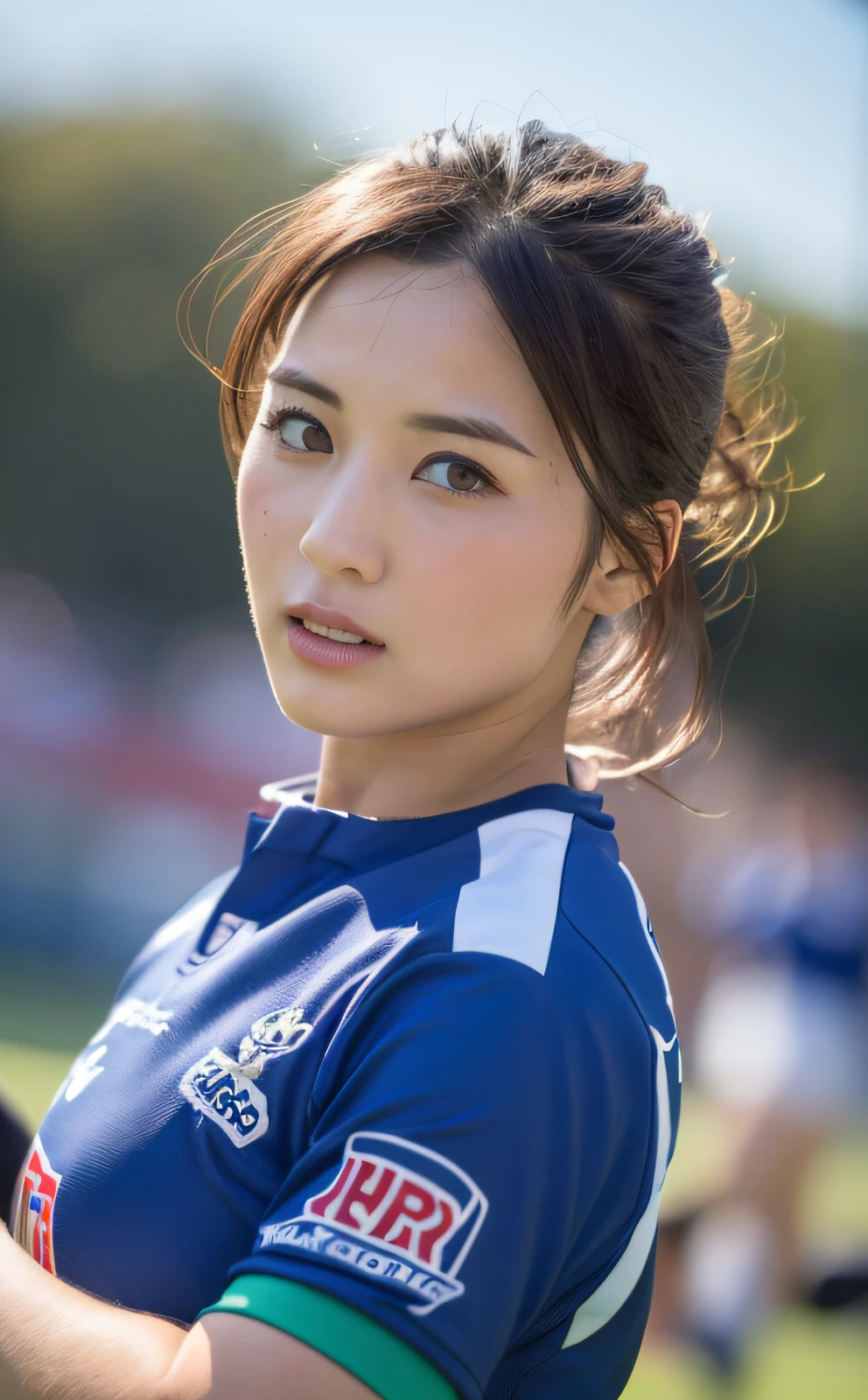 ((Top Quality, 8k, Masterpiece: 1.3)), Beauty, 1 Girl, (Rugby Field: 1.5), Ultra Detailed Face, Highly Detailed Lips, Detailed Eyes, Double Eyelids, (Muscle: 1.3), Running Full Speed, Japan Women