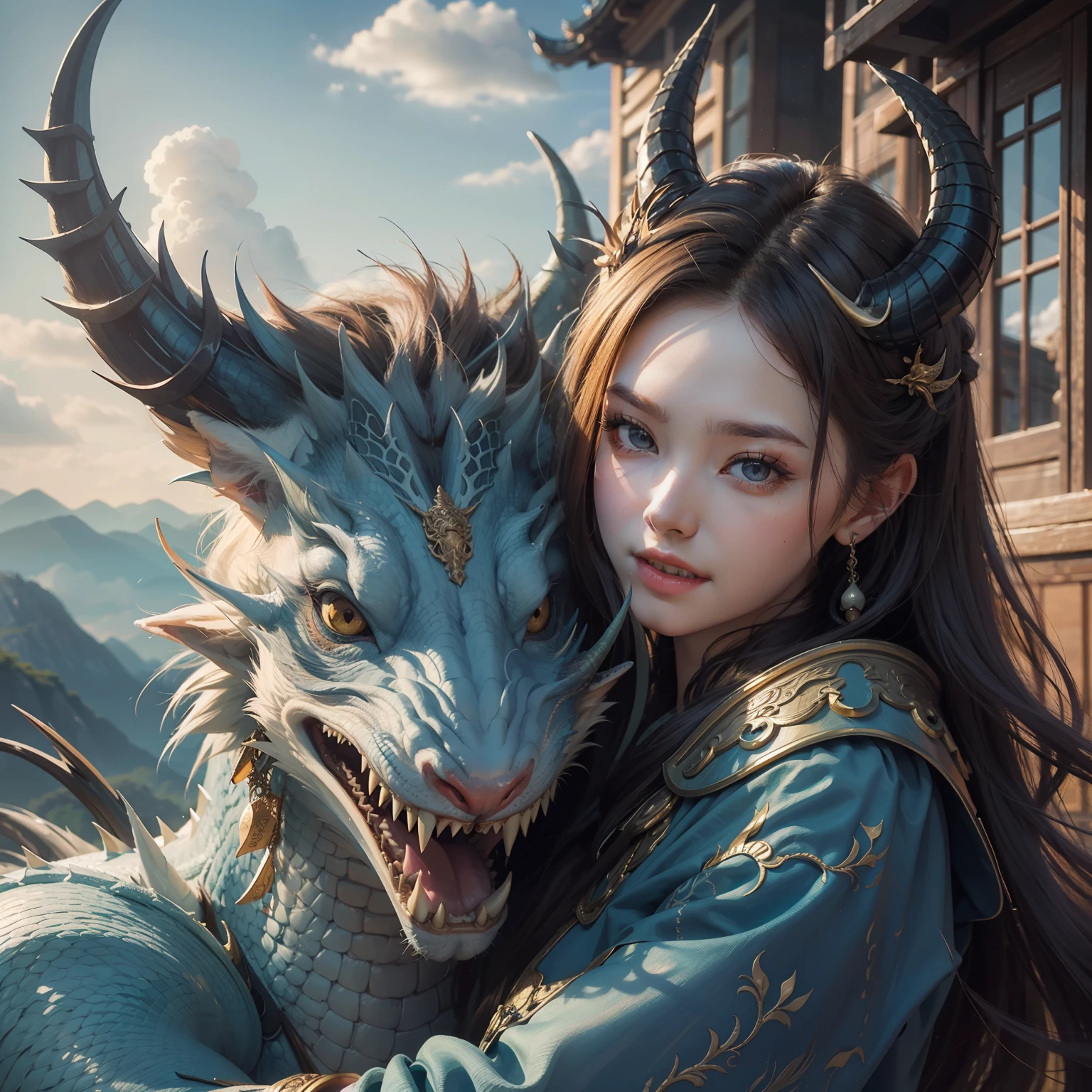 Top quality, masterpiece, ultra high definition, human, (long: 1.2), eastern dragon, beautiful girl cuddling with dragon, east east Asian architecture, sky, architecture, outdoor, fantasy style, clouds, sun, mountain, blue sky, teeth, scales, sharp teeth, horns, shining, fangs, trees, shining eyes, tower, landscape