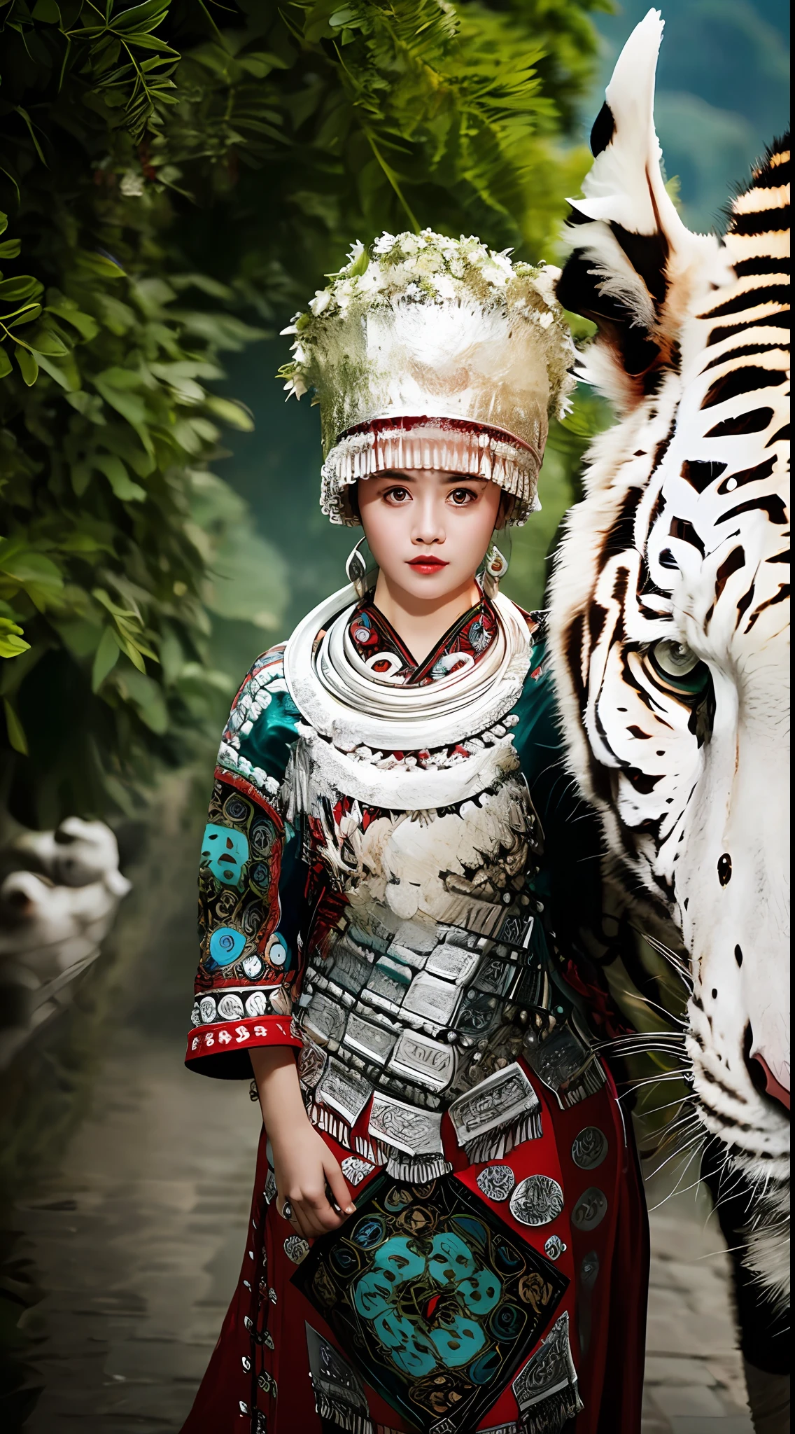 Original photo, ultra-realistic, (masterpiece, 8k UHD, HDR, extremely detailed, intricate details, best quality, professional, vivid colors),
(1 girl wearing costume, big eyes beauty, melon face, beautiful, riding a white tiger), reins, (traditional headdress: 1.2),
((forest view), look at the audience,
