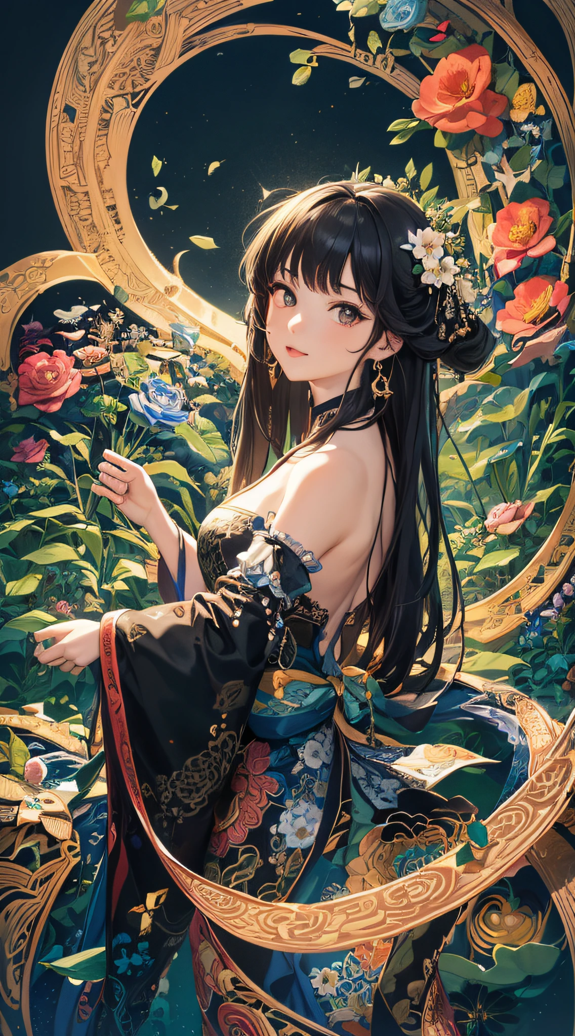 (Masterpiece, Top Quality, Best Quality, Official Art, Beauty and Aesthetics: 1.2), (1girl: 1.3), Very Detailed, (Fractal Art: 1.1), (Color: 1.1) (Flowers: 1.3), Most Detailed, (Zentangle: 1.2), (Dynamic Pose), (Abstract background: 1.3), (Chinese Traditional cloth: 1.2), ( Shiny skin), (many colors: 1.4), , (earrings: 1.4), with a sea of flowers in the background, wearing a cheongsam