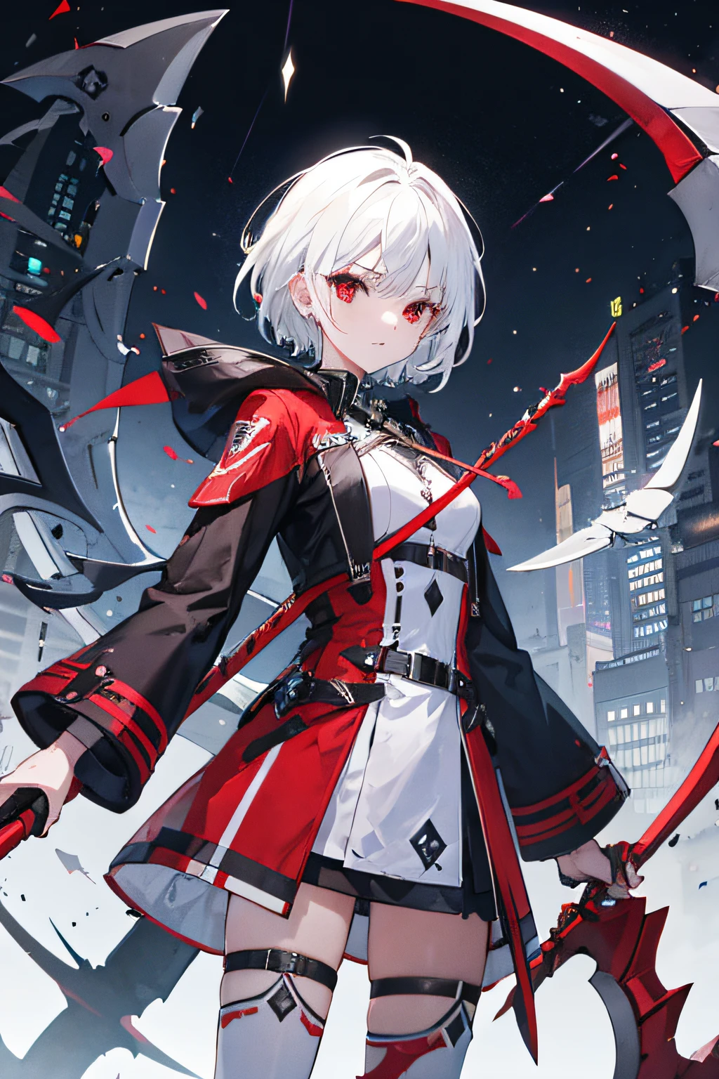 1girl, short white hair, red eyes, cybercity, white combat costume, scythe in hand, cold