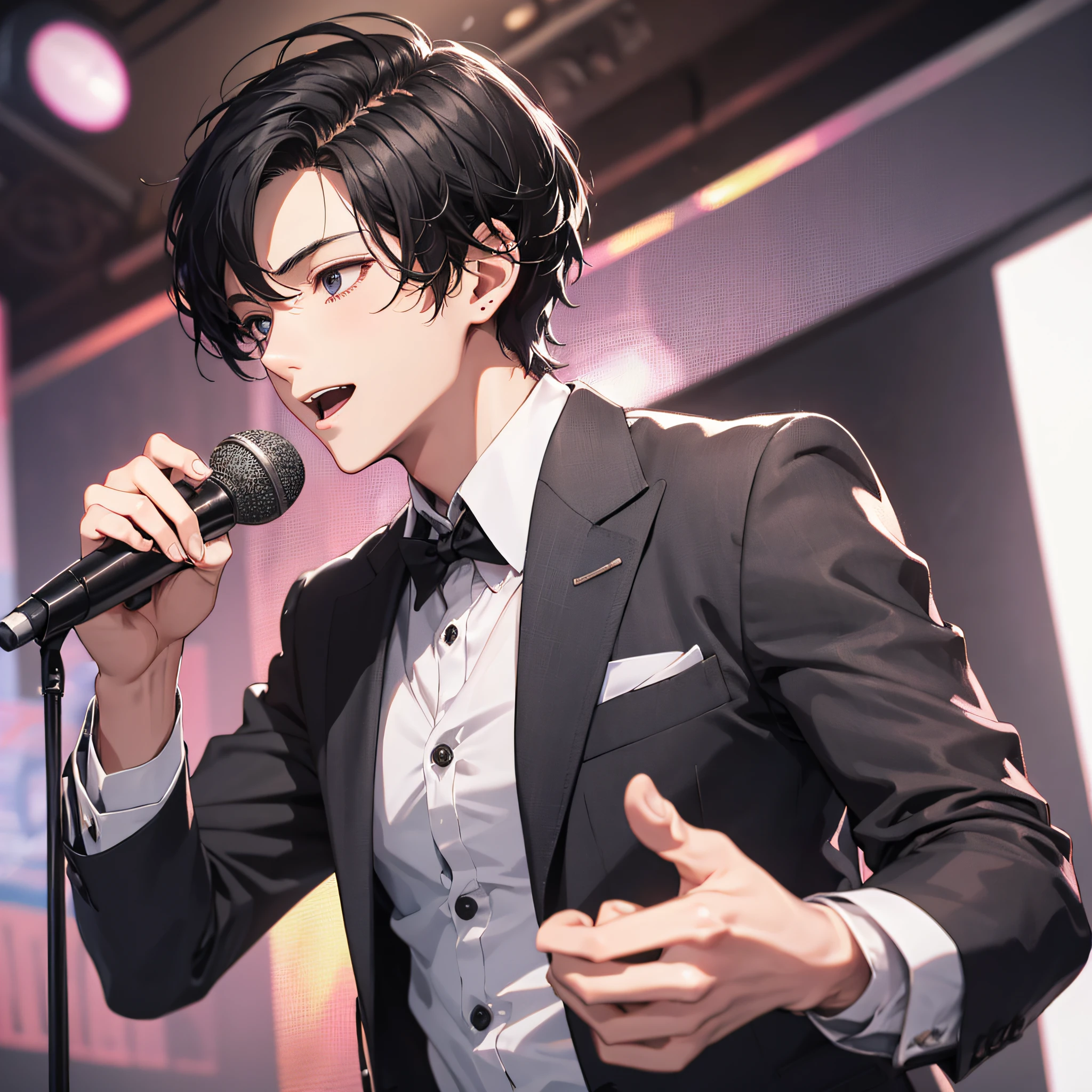 Absurd resolution, high resolution, (masterpiece: 1.4), hyper-detail, talk show stage, young man neat short black hair, black suit, holding a microphone, expression serious and excited