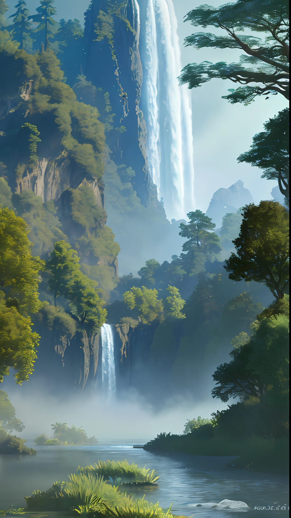 Guochao works, the scene is magnificent and atmospheric, unicorns in waterfall hiking, photorealistic realism, film lighting, volumetric lighting, split lighting shooting in a dark atmosphere