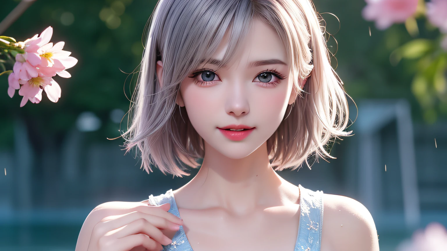 8k, RAW photos: 1.2), top quality, ultra high resolution, dramatic angles, (pink petals fluttering), (illustration), (1 girl)))), (short hair, bob), (transparent white sheer sleeveless dress, mini skirt)), beautiful face (silver hair, blue eyes), (bright lip gloss, long eyelashes, smooth) face, bright skin, natural shadows, wide light, Wide Light, Depth of Field, Strong Color, Subtle Caustics: 0.8), Smile, (Big), (Rain: 0.9), Behind the Girl is Hanazono, (Focus), (Standing on the Surface of the Water)), (Color Splash), Colorful Splash, (Colorful)))), (Sketch: 0.8), Masterpiece, Best Quality, Beautifully Painted, Highly Detailed, (Denoise: 0.6), Splash Ink, ((Ink Refraction)), (Beautiful Detailed Sky), Highly Detailed, (Masterpiece, Best Quality, Highly Detailed) CG Unity 8k Wallpaper, Masterpiece, Best Quality, Ultra Detailed), (Lycoris radiata)