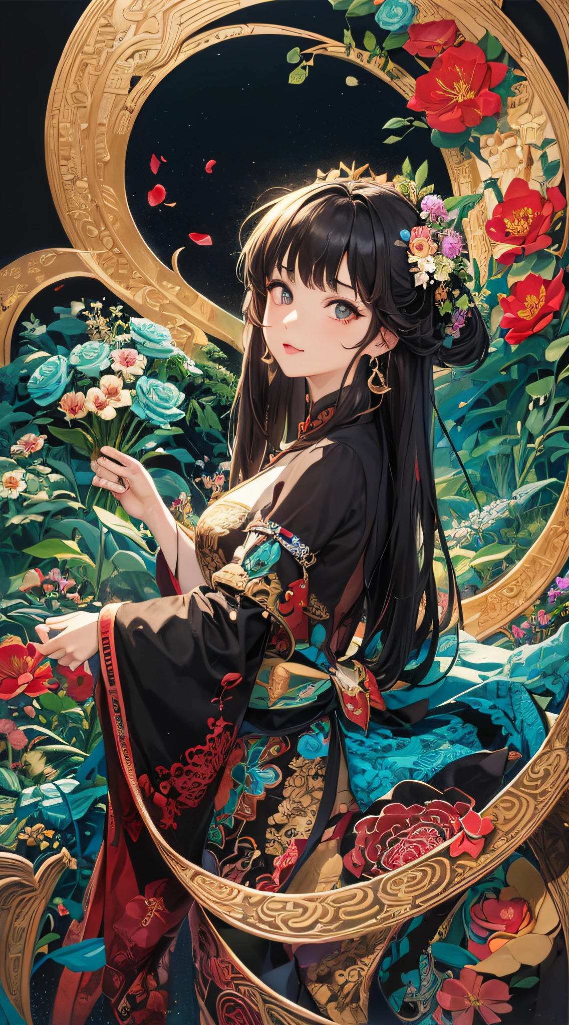 (Masterpiece, Top Quality, Best Quality, Official Art, Beauty and Aesthetics: 1.2), (1girl: 1.3), Very Detailed, (Fractal Art: 1.1), (Color: 1.1) (Flowers: 1.3), Most Detailed, (Zentangle: 1.2), (Dynamic Pose), (Abstract background: 1.3), (Chinese Traditional cloth: 1.2), ( Shiny skin), (many colors: 1.4), , (earrings: 1.4), with a sea of flowers in the background, wearing a cheongsam