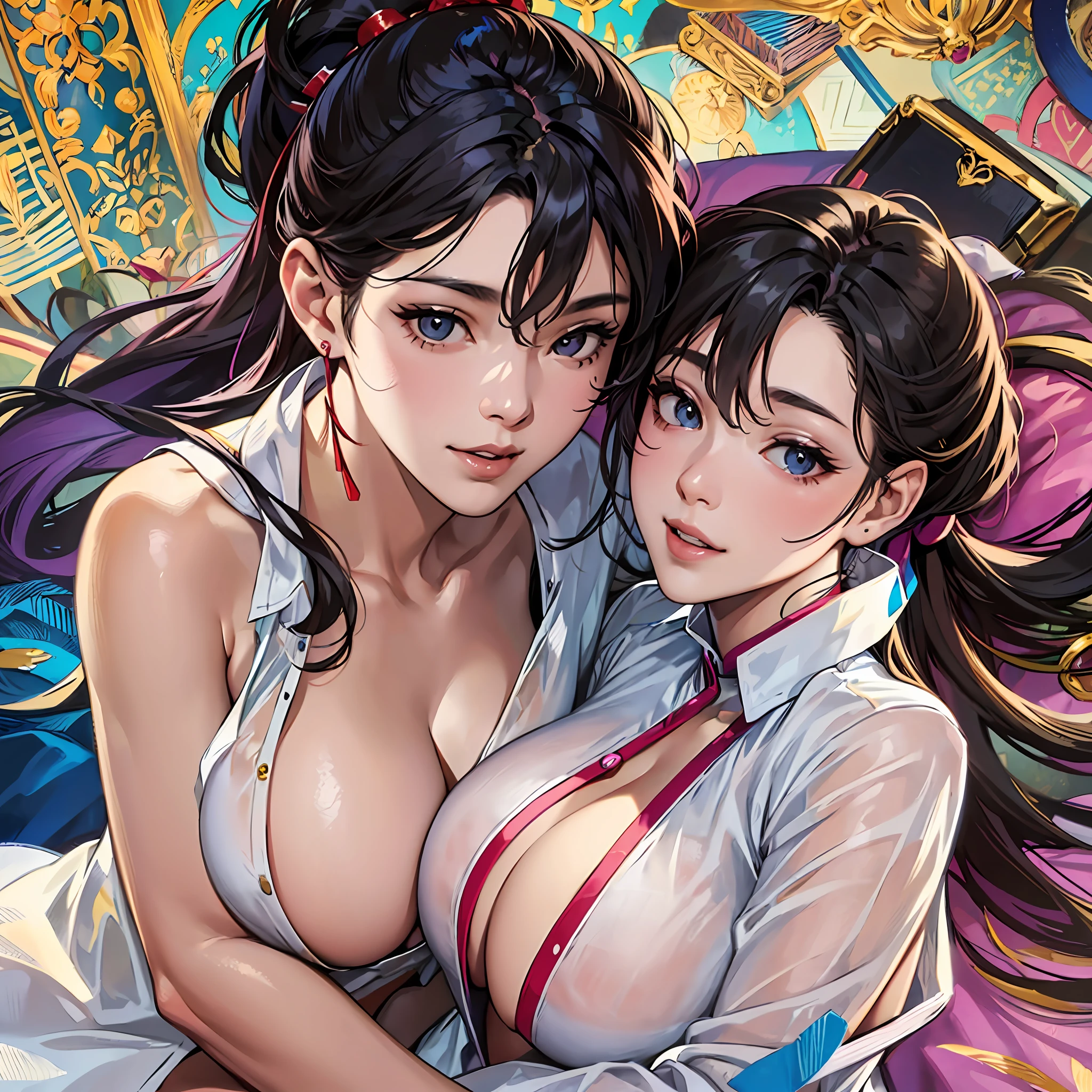 Sugihara Kyori, (transparent shirt: 1.2), (open shirt), light clothes, sleeveless, huge breasts, upright breasts close-up of four women lying on bed posing for photos, surreal full-body figure, beautiful and detailed body and face, gorgeous figure, ponytail, clear, smiling, moaning, teasing, surreal full-body figure, beautiful and detailed body and face, super vista, fair skin, bright colors, --auto --s2