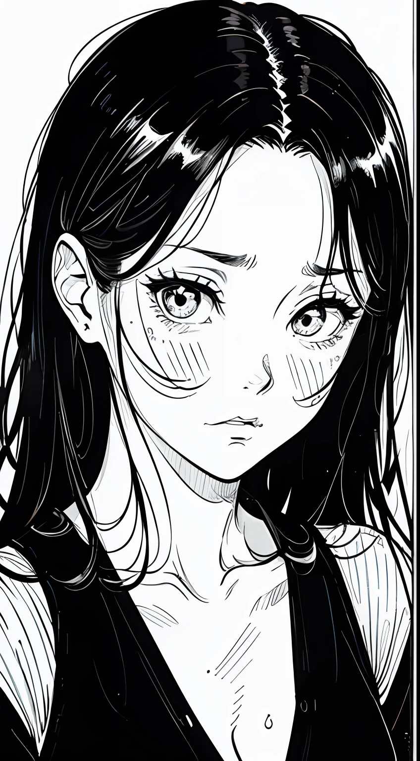 A woman with long black hair, black background, sad, expressionless, chest shot, close-up of upper body, rough expressive lines, expressive lines, dark lines, dense lines, intense line work, masterpiece, best quality, super fine, extremely delicate and beautiful, horror manga, black and white manga, black and white line drawing, inspired by Junji Ito, art style of Junji Ito, hand-drawn, character focus, extremely fine,