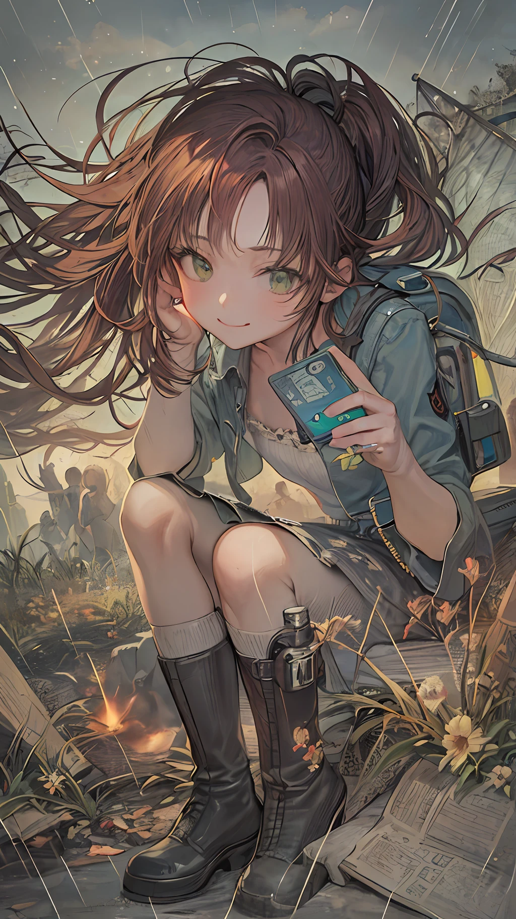 (illustration: 1.0), masterpiece, best quality, 1 girl, solo, camping, happy, smile, nature, trees, tent, camping_chair, camping, fire, roasting_marshmallows, hot coffee, book, map, backpack, picnic_blanket, flower, butterfly, sunny_day, , hiking_boots, denim_shorts, jacket, (perspective: 1.3), From below, (looking away: 1.2), (from the side: 1.0), long_hair, breasts, smile, bangs, (orange hair: 1.1), hair_ornament, side_ponytail, swept_bangs, thick_eyebrows, hair_bobbles, skin_fang, shut up, green eyes, (light rain hazy feeling: 1.3), (light rain: 1.2), gray sky, extreme detail, ultra-high resolution, (gray color cast: 1.5), intricate, (artistic bacteria: 1.2), (high contrast: 1.2), (colorful), (very detailed and beautiful: 1.3), (cute: 1.3), large round eyes, (detailed ultra-oily shiny skin: 1.2), (detailed hands and fingers: 0.9), (rain on the body light effect: 1.5)
