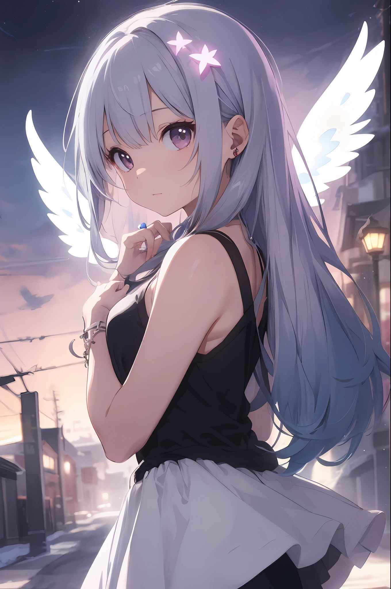 beste Quality、1girl、sora、Land of Angels、colorful strands of hair、cuddly 、the anime、Sheer white skin、Asian Girls、total body、junior high school student、、Shines、Quiet child、High Contrast、Tempting、sensual、angelic、Glowing on the back2Angel Wings、A ring that glows horizontally above your head、silver pink gradient hair