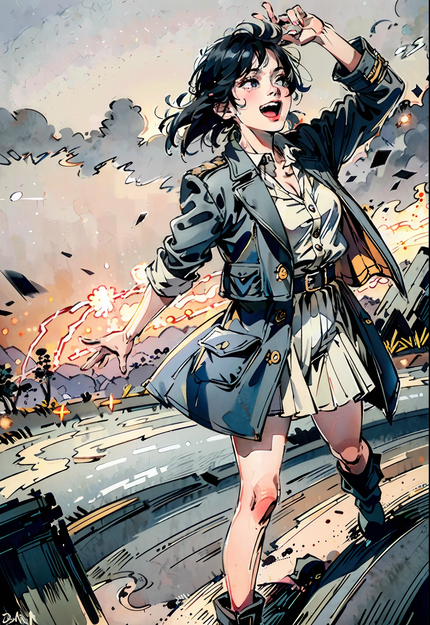 (ultra high res,photorealistic,realistic,best quality,photo-realistic),
(high detailed skin,visible pores),(real person,photograph),
(8k, raw photo, best quality, masterpiece)
BREAK
1girl, solo, light blue hair, multicolored hair, medium breasts, arm up, black jacket, open jacket, collared shirt, open mouth, laughing, light particles, lightning, electricity, thunder