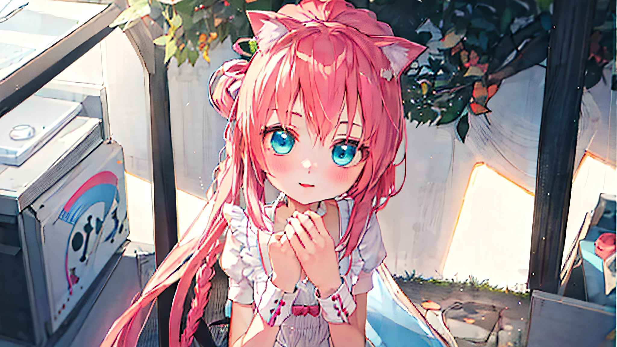 anime girl with pink hair and blue eyes standing in front of a tree, pink twintail hair and cyan eyes, very beautiful anime cat girl, cute anime catgirl, soft anime illustration, made with anime painter studio, anime stylized, beautiful anime catgirl, anime catgirl, anime girl with cat ears, anime style. 8k, stylized anime --auto