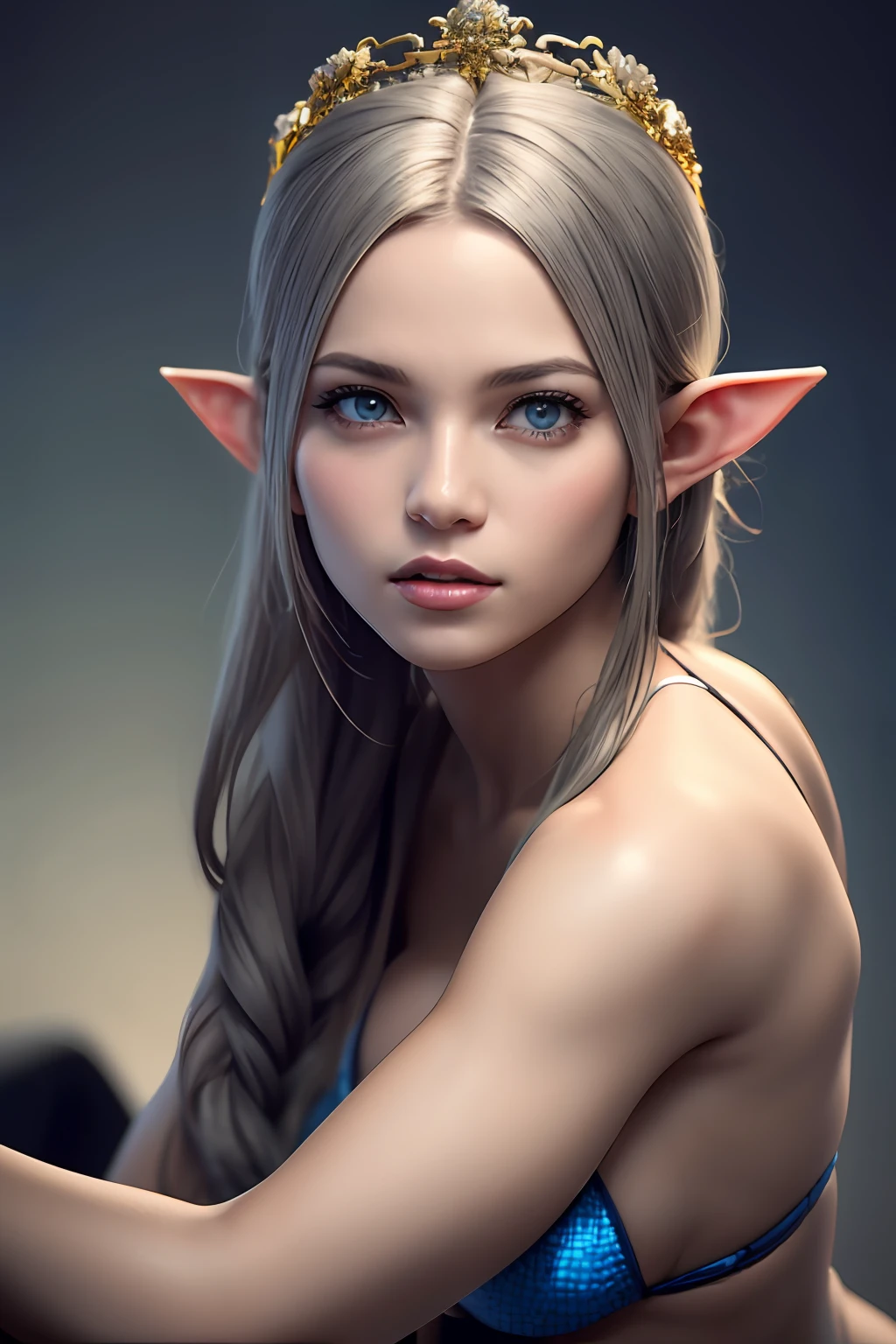 Ultra-detailed complex 3D rendering of the face, (Colossal: 7.8), (masterpiece, top quality, octane rendering, 8K), glamour shot full body image, very beautiful young elf, cleavage, (very detailed skin: 1.2), (exposure: 1.1), brown hair, (skewed silvery micro bikini, : 1.5)), one beautiful Caucasian woman, with full soft breasts and dark skin with big buttocks, Long braided hair, big breasts, dynamic angles, mystical expressions, ultra-realistic photos, ((((portrait))), bare feet, futuristic urban background, facial muscles, detailed and beautiful queen gold crown, in the style of Marvel Comics, ArtStation trends, clear focus, studio photography, intricate details, very detailed, detailed red eyes, very detailed, Sharp Focus, Digital Rendering, Professional, Abs, Dark Grey Background, ((((Sexy Pose))), Glossy Skin,