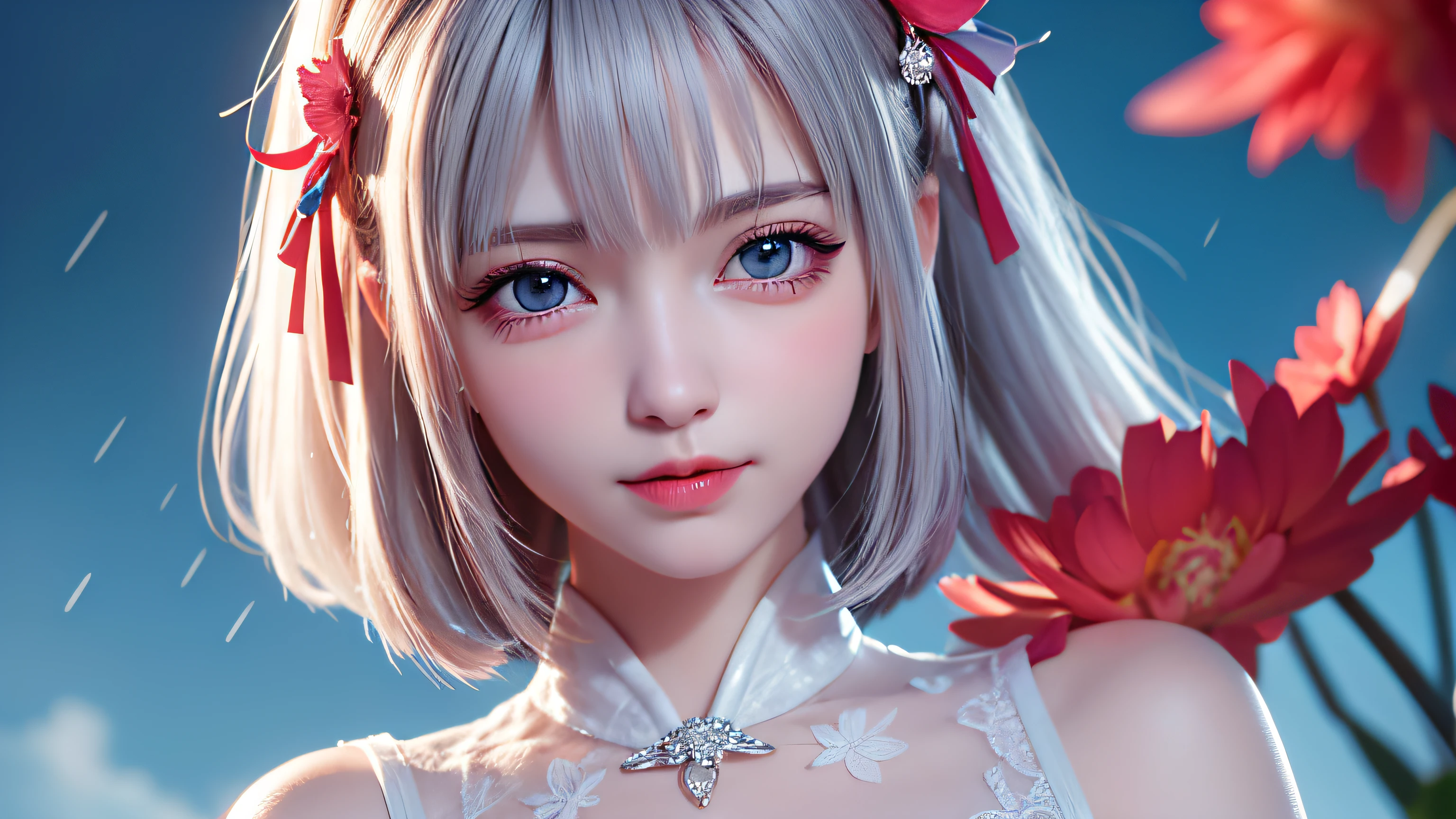8k, RAW photos: 1.2), highest quality, ultra high resolution, (pink petals fluttering), (illustration), (1 girl))), (short hair, bob), (transparent white sheer sleeveless dress, mini skirt)), (silver hair, blue eyes) beautiful face, (bright lip gloss, long eyelashes, smooth) face, bright skin, natural shadows, wide light, depth of fieldStrong color, subtle caustics: 0.8), smile, (big), (rain: 0.9), Hanazono behind the girl, (focus), (standing on the surface of the water)), (color splash), colorful splash, ((colorful))), (sketch: 0.8), masterpiece, best quality, beautifully painted, highly detailed, (denoise: 0.6), splash ink, (((ink refraction)), ( (Masterpiece, Best Quality, Highly Detailed), Highly Detailed, (Masterpiece, Best Quality, Highly Detailed) CG Unity 8k Wallpaper, Masterpiece, Best Quality, Ultra Detailed, (Lycoris radiata)